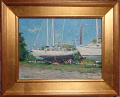 Pintura marina impresionista Michael Budden Barcos sobre pilotes Puerto de Hancock