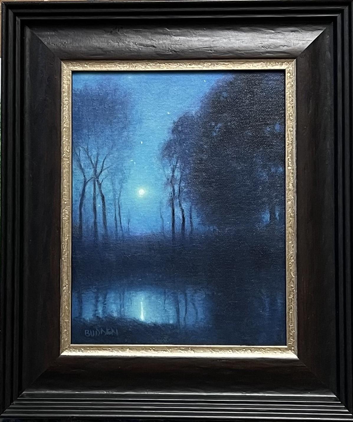 Evening Moonrise Study
oil/panel
10 x 8 unframed  14.38 x 12.38 framed.
An oil painting on canvas by award winning contemporary artist Michael Budden that showcases a romantic moonlit landscape from a scene near my studio created in an