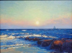 Dipinto a olio in stile impressionista: “Paesaggio marino al chiaro di luna” di Michael Budden – Spiaggia, molo e barca