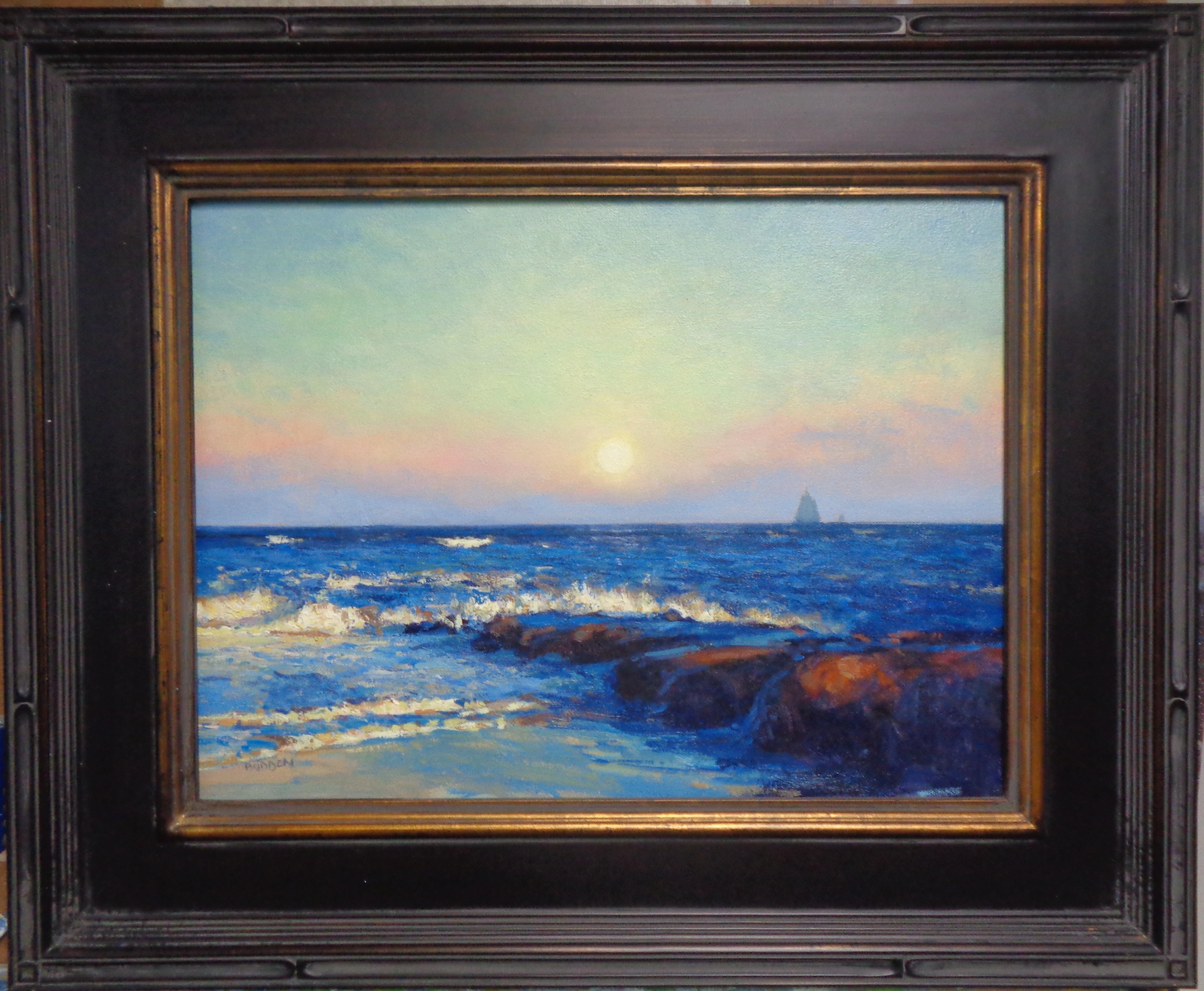 La jetée au crépuscule, le lever de la lune
Huile sur toile
12 x 16 sans cadre et 18,50 x 22,50 avec cadre.
Signé LL
Une peinture à l'huile sur toile de l'artiste contemporain primé Michael Budden qui présente un paysage marin romantique au clair de