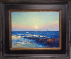 Dipinto a olio in stile impressionista: “Paesaggio marino al chiaro di luna” di Michael Budden – Spiaggia, molo e barca