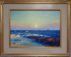Impressionistisches Ölgemälde „Mondlicht über dem Meer“ von Michael Budden – Strand, Molen, Boot
