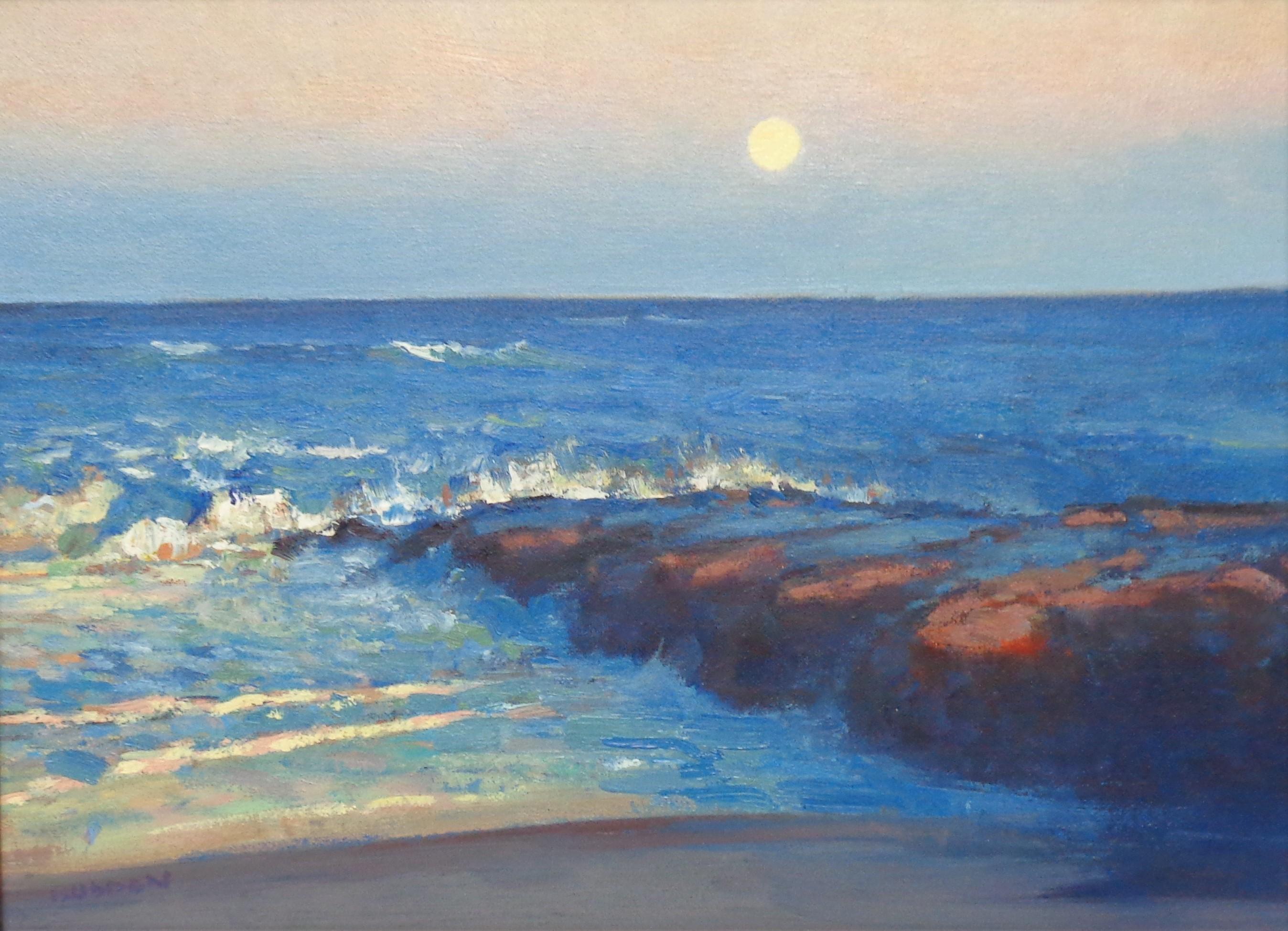  Impressionistisches Mondlicht Seelandschaft Ölgemälde Michael Budden Strand Steg im Angebot 1