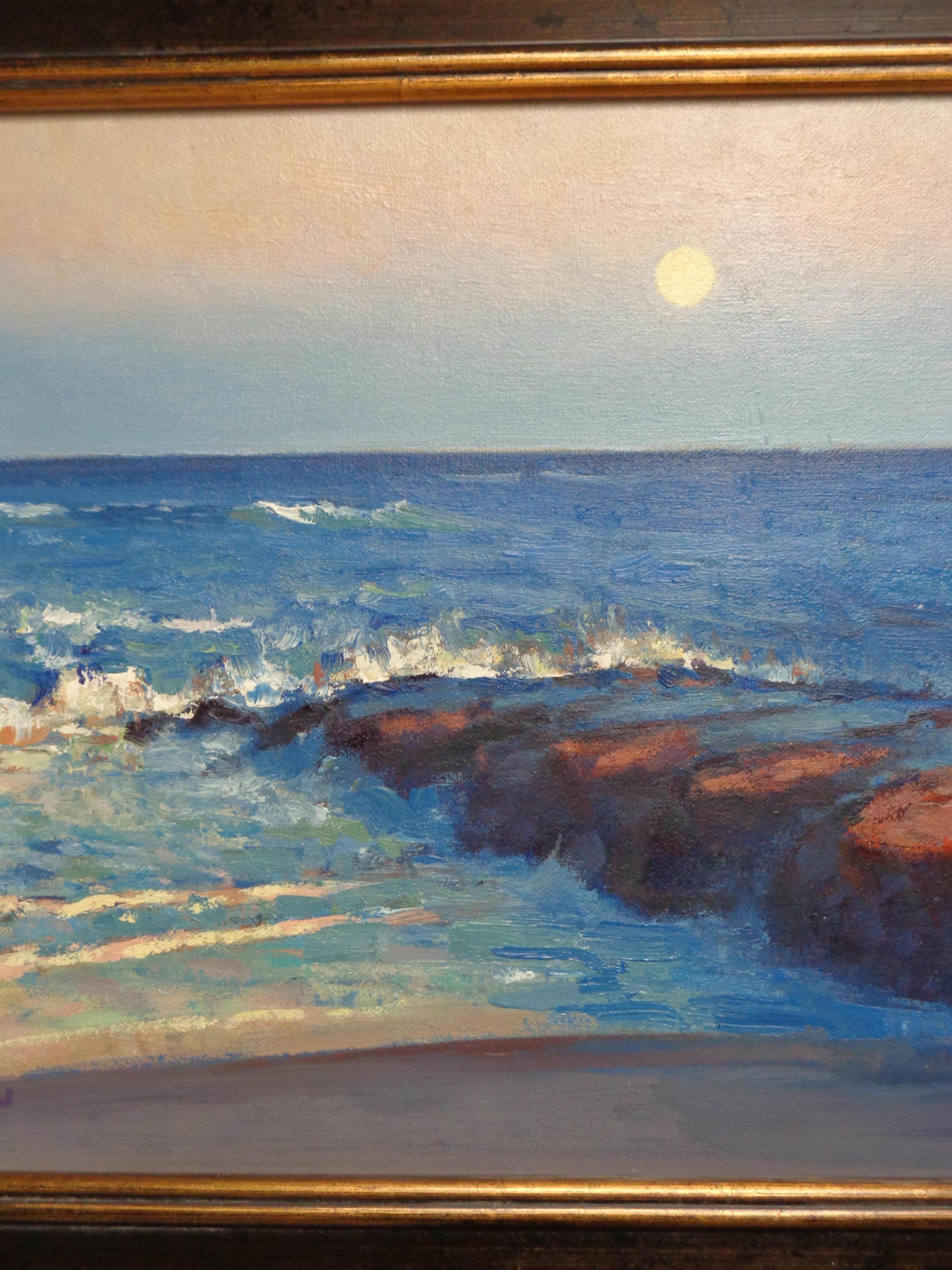  Impressionistisches Mondlicht Seelandschaft Ölgemälde Michael Budden Strand Steg im Angebot 3