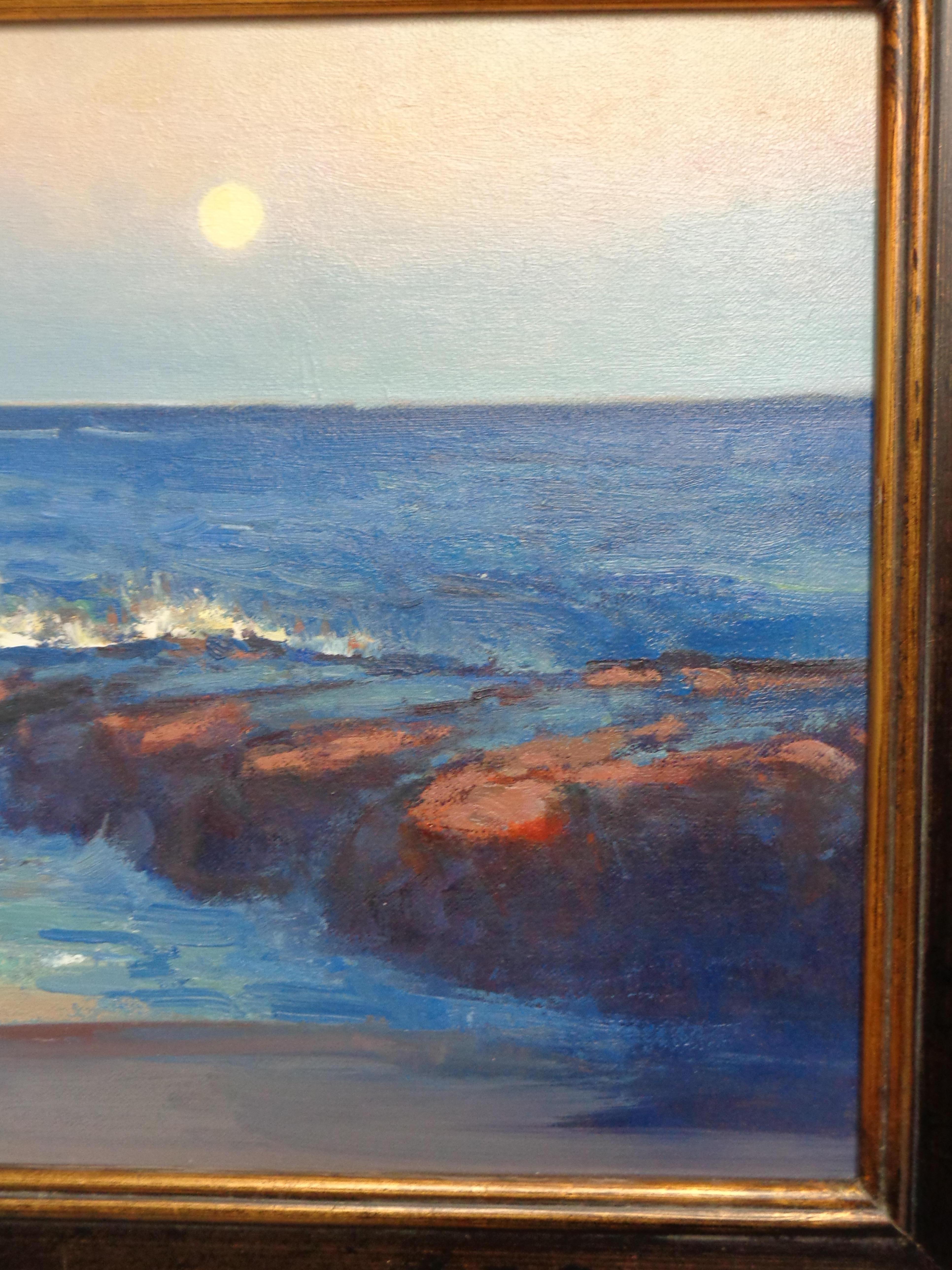  Impressionistisches Mondlicht Seelandschaft Ölgemälde Michael Budden Strand Steg im Angebot 4