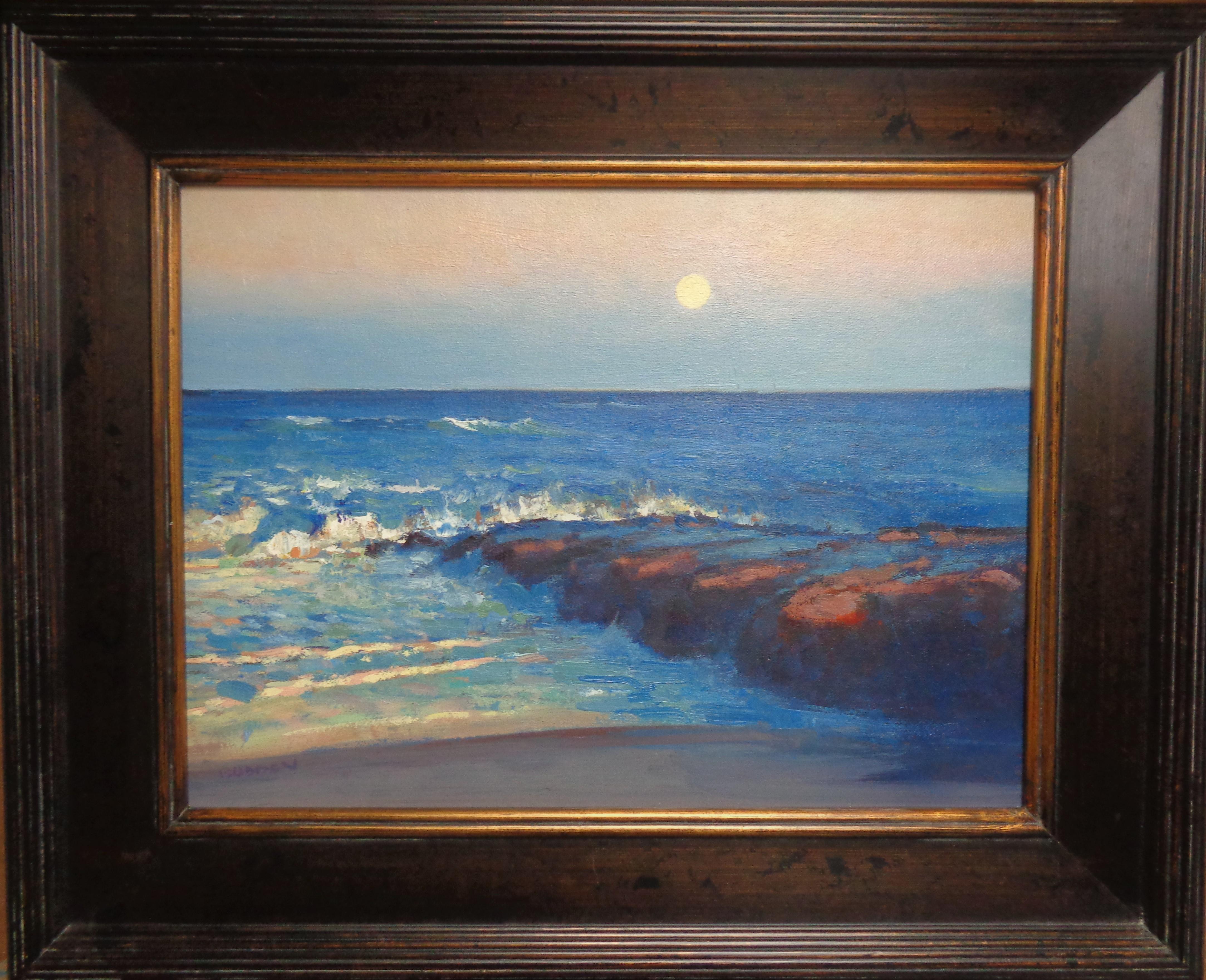An oil painting on canvas by award winning contemporary artist Michael Budden that showcases a romantic moonlit seascape created in an impressionistic realism style with wonderful brushwork and palette knife use. The painting exudes the very rich