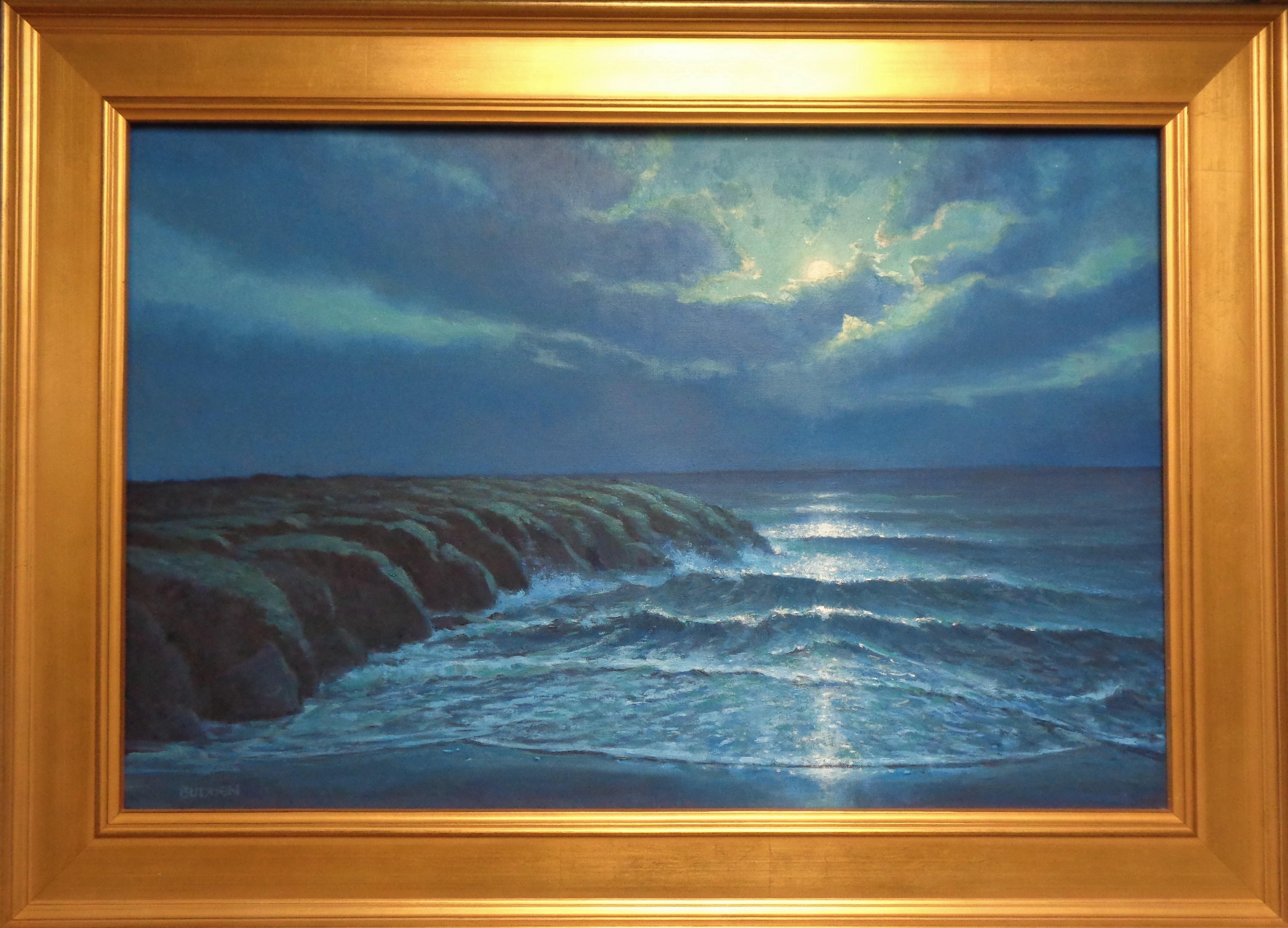 Moonlight Serenade
oil/canvas
20 x 30 image size
26 x 36 framed.
An oil painting on canvas by award winning contemporary artist Michael Budden that showcases a romantic moonlit seascape created in an impressionistic realism style with wonderful