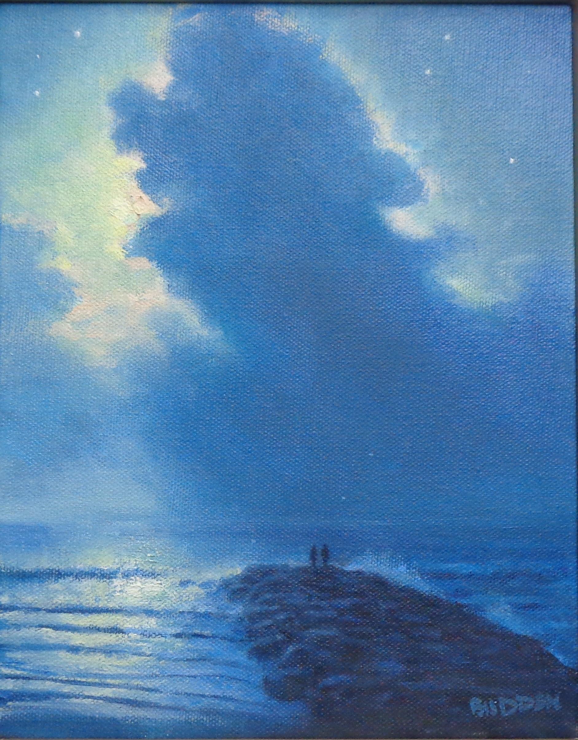 Impressionistico paesaggio marino al chiaro di luna dipinto a olio da Michael Budden in vendita 1