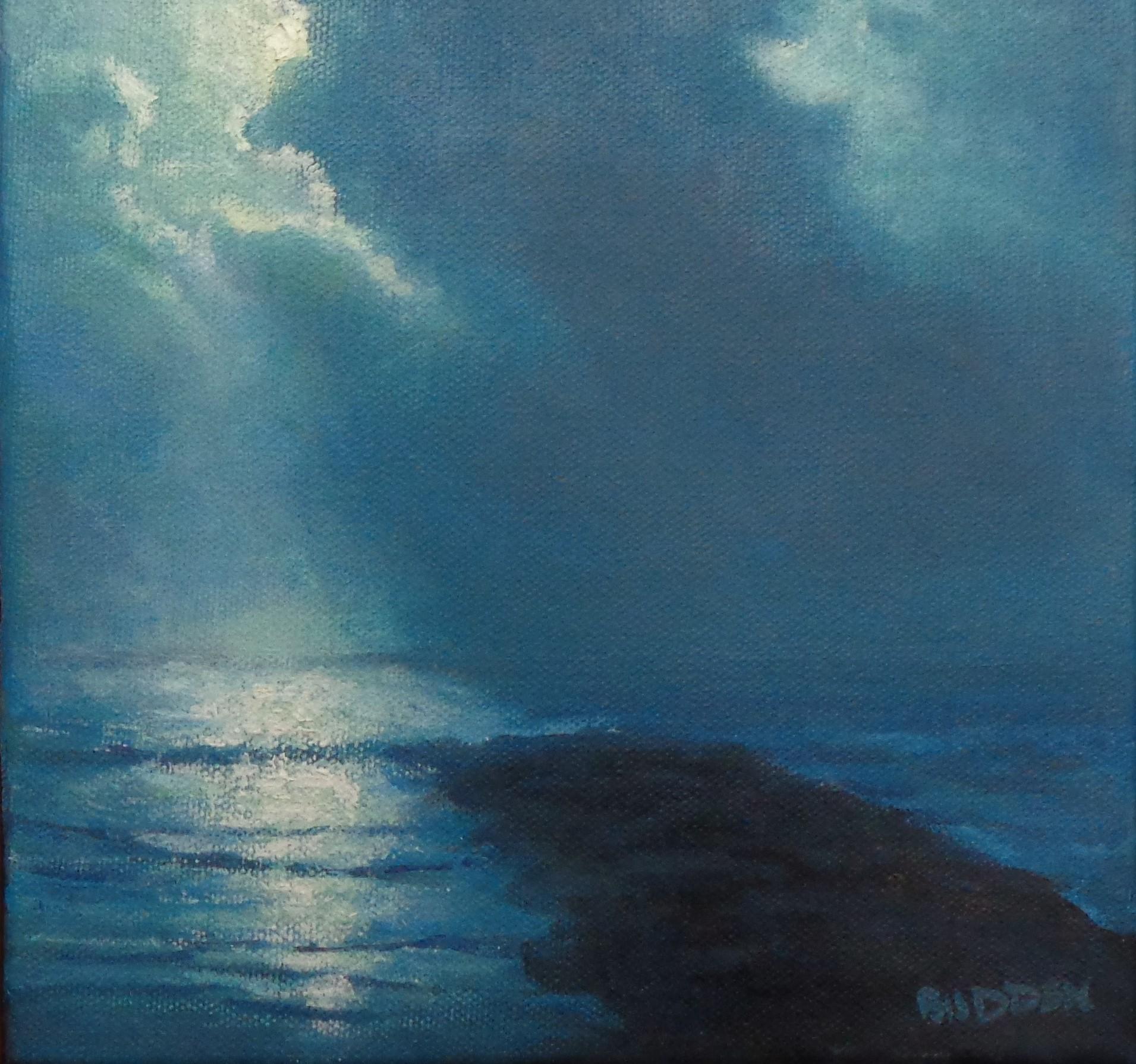 Pittura a olio impressionista con paesaggio marino al chiaro di luna con pontile di Michael Budden in vendita 2