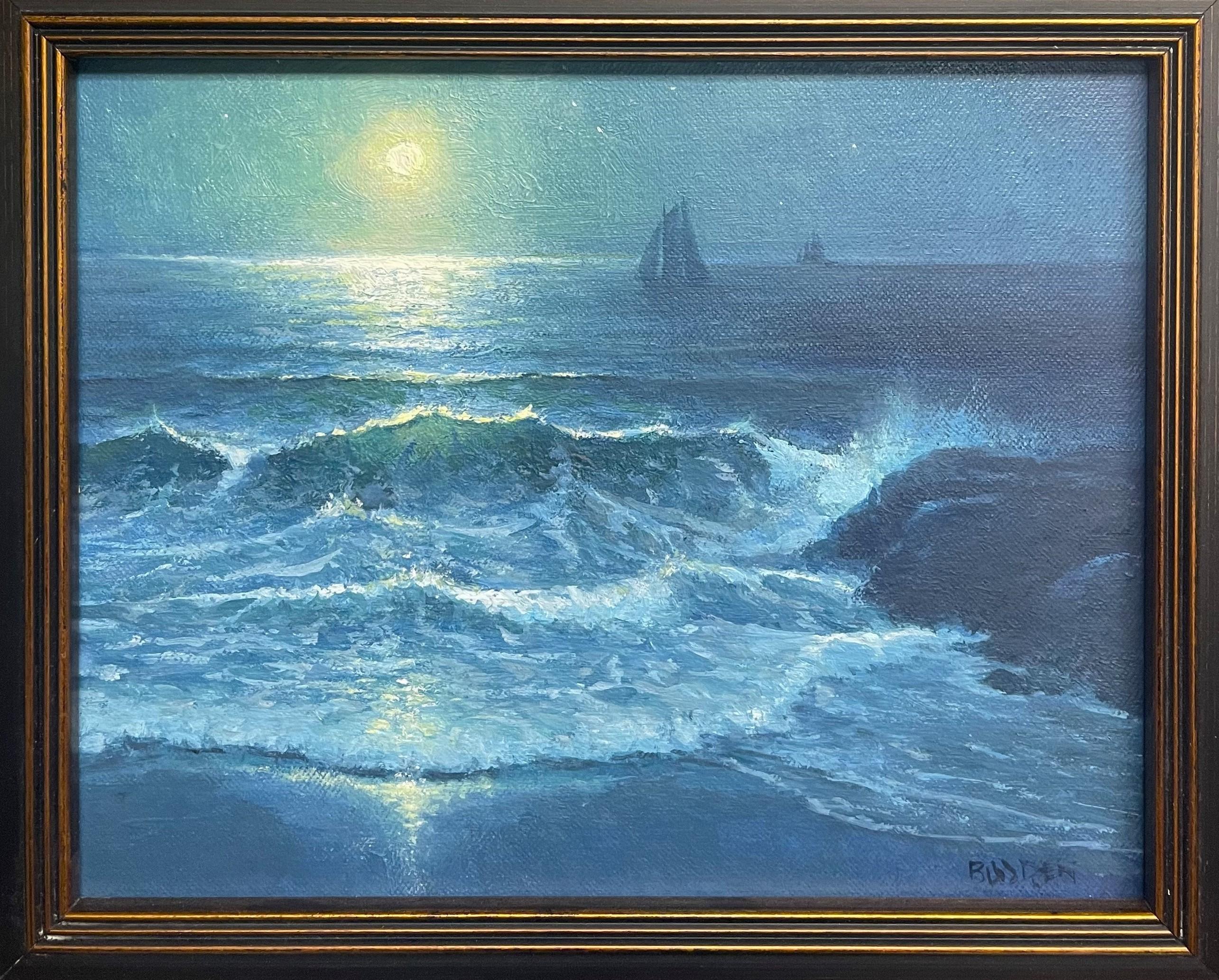 Paisaje marino impresionista a la luz de la luna Pintura al óleo Michael Budden Luz de luna mística en venta 1