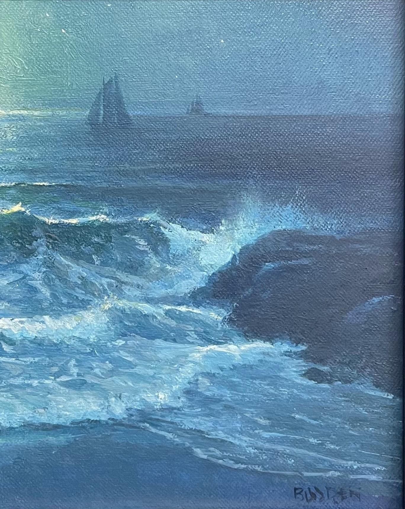 Paisaje marino impresionista a la luz de la luna Pintura al óleo Michael Budden Luz de luna mística en venta 3