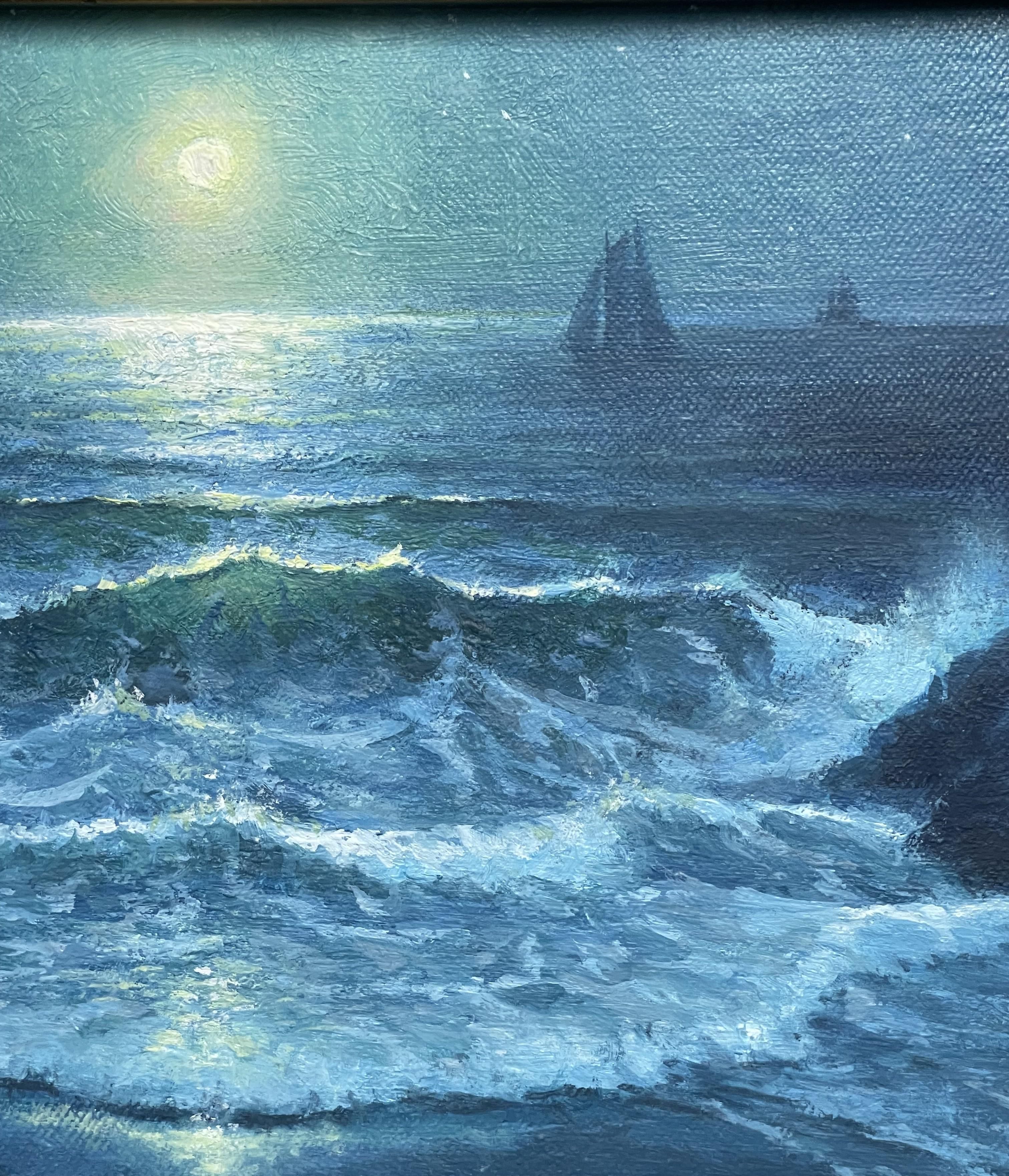 Paisaje marino impresionista a la luz de la luna Pintura al óleo Michael Budden Luz de luna mística en venta 4