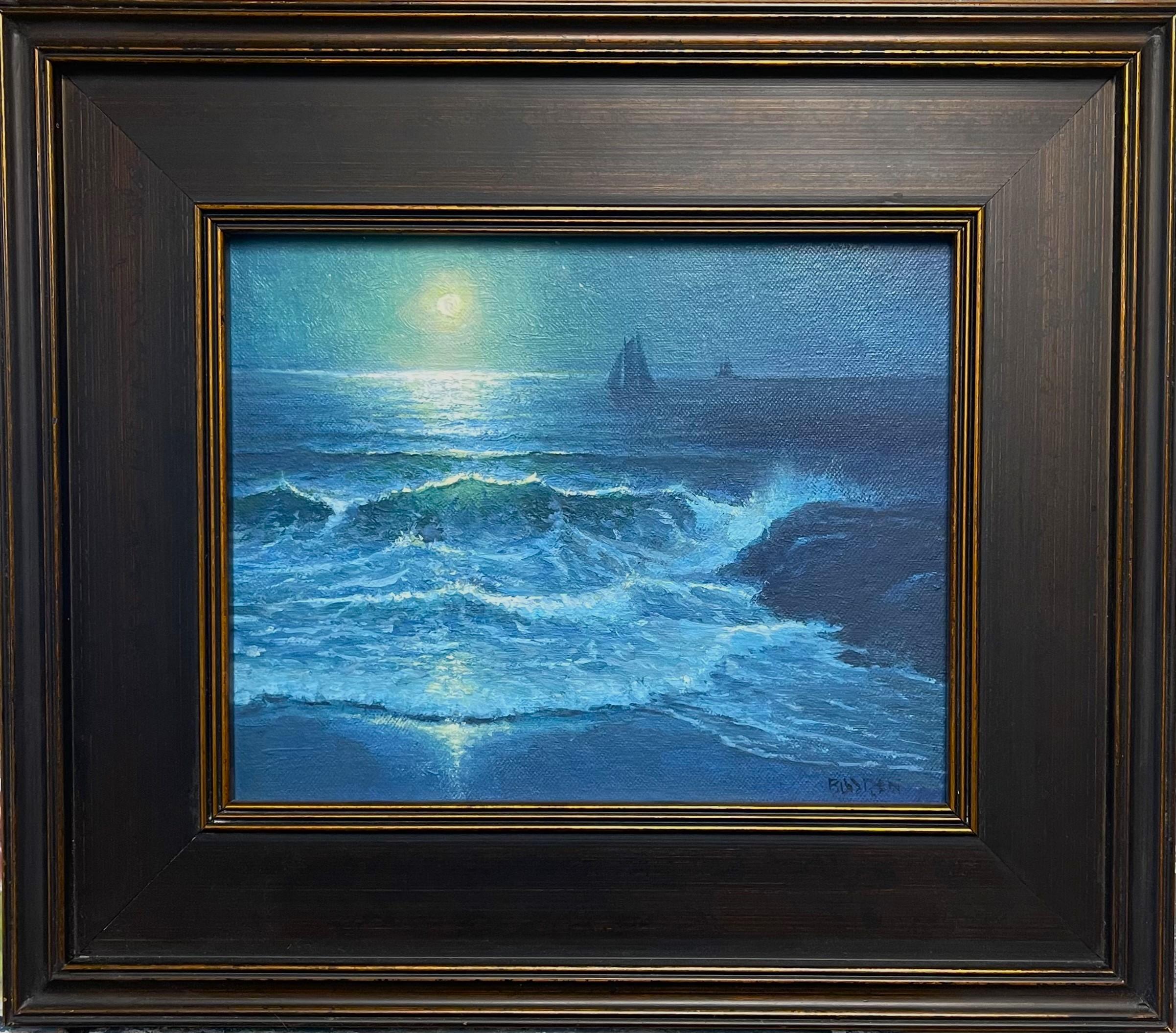 Mystical Moonlight
oil/panel
 8 x 10 unframed  13.25 x 15.25 framed.
An oil painting on canvas by award winning contemporary artist Michael Budden that showcases a beautiful moonlit seascape view of sailboats from the beach and jetty created in an