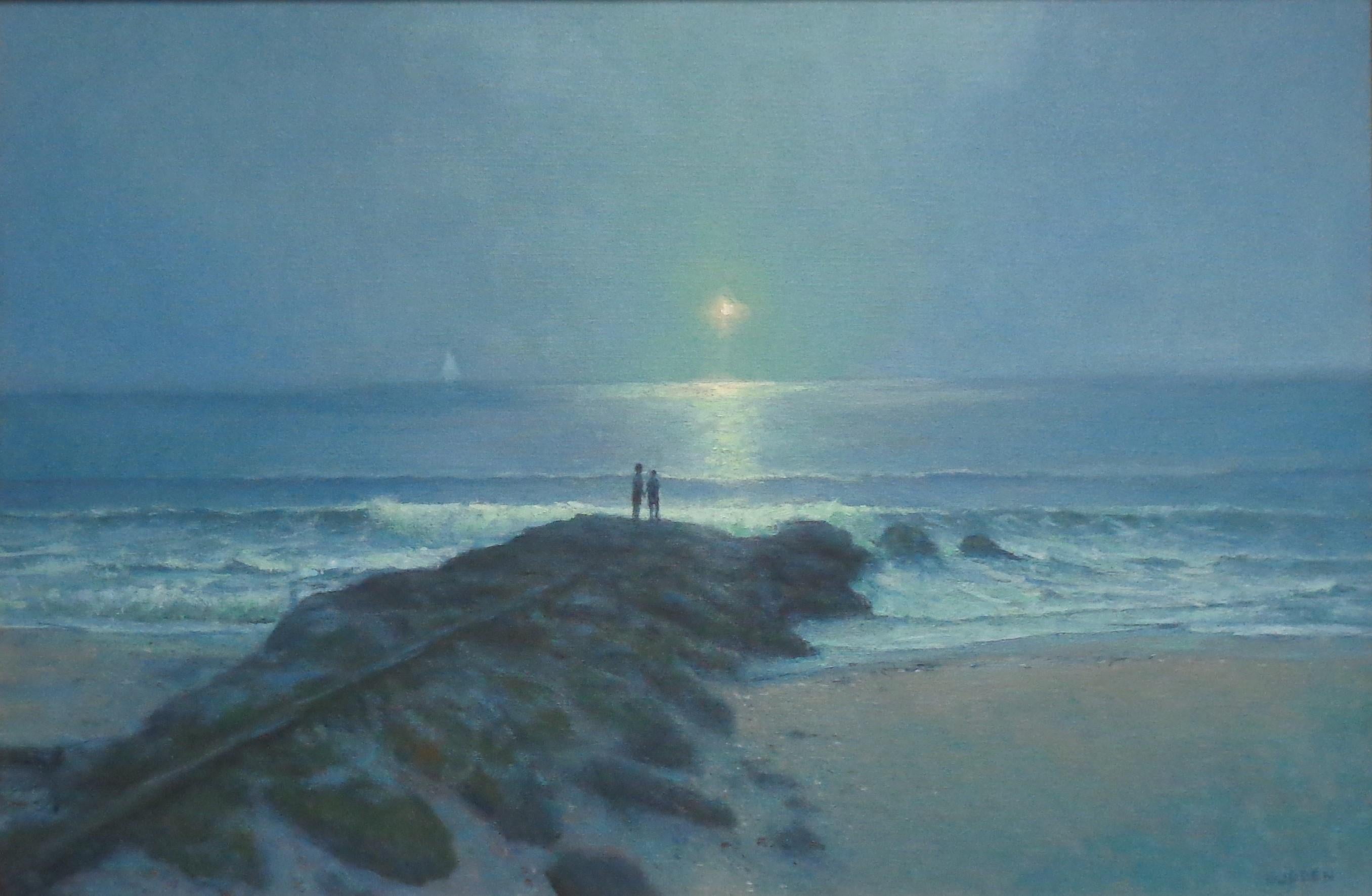 Dressed in Silver is a beautiful  oil painting on canvas by award winning contemporary artist Michael Budden that showcases a misty moonlit seascape with a couple enjoying the rising moon.. The image is 20 x 30. The additional framed photo shows the