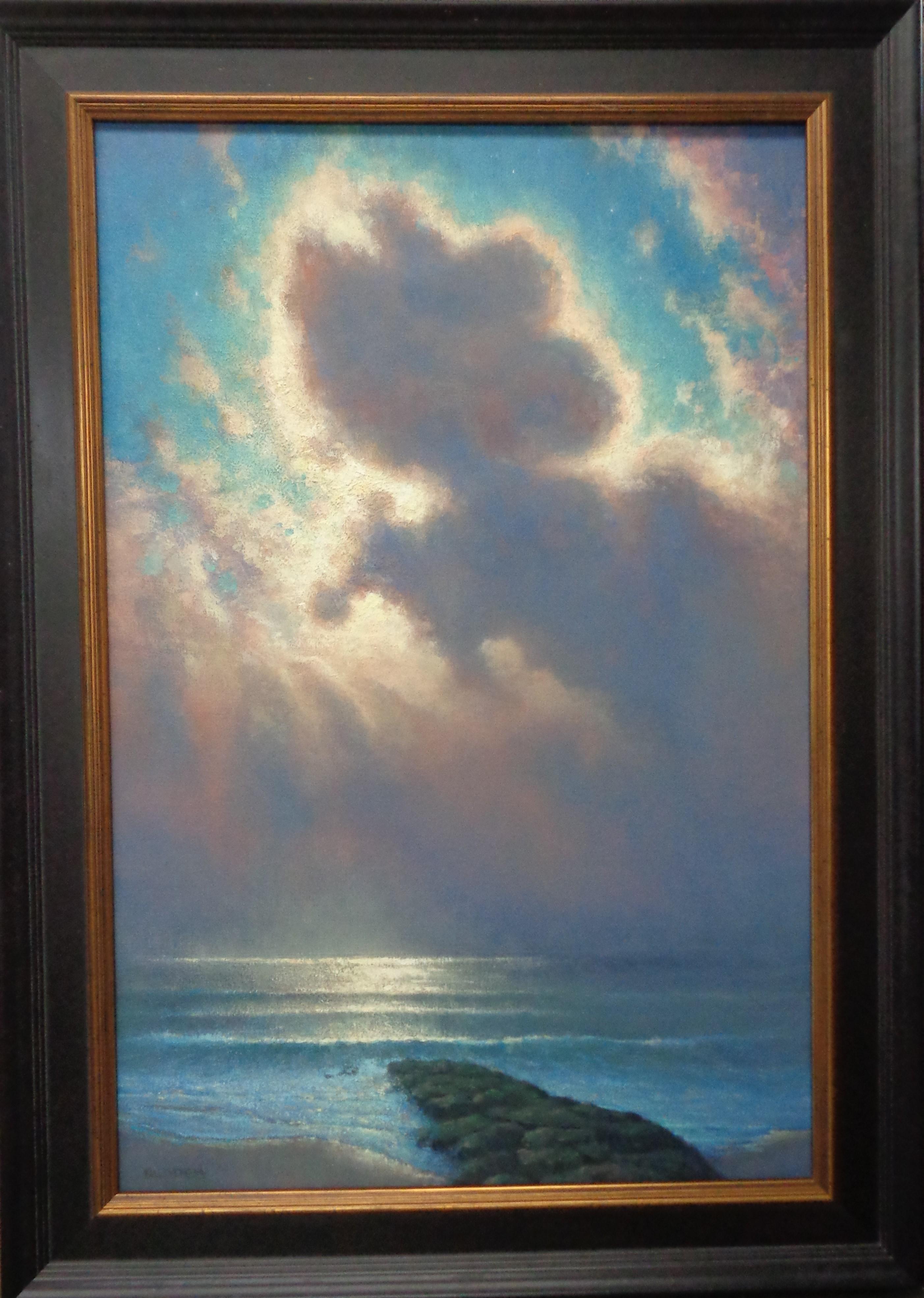 Sweet Moonlight II is a beautiful  oil painting on canvas by award winning contemporary artist Michael Budden that showcases a misty moonlit seascape .. The image is 36 x 24 unframed. Painting is new and in excellent condition. The frame is a little