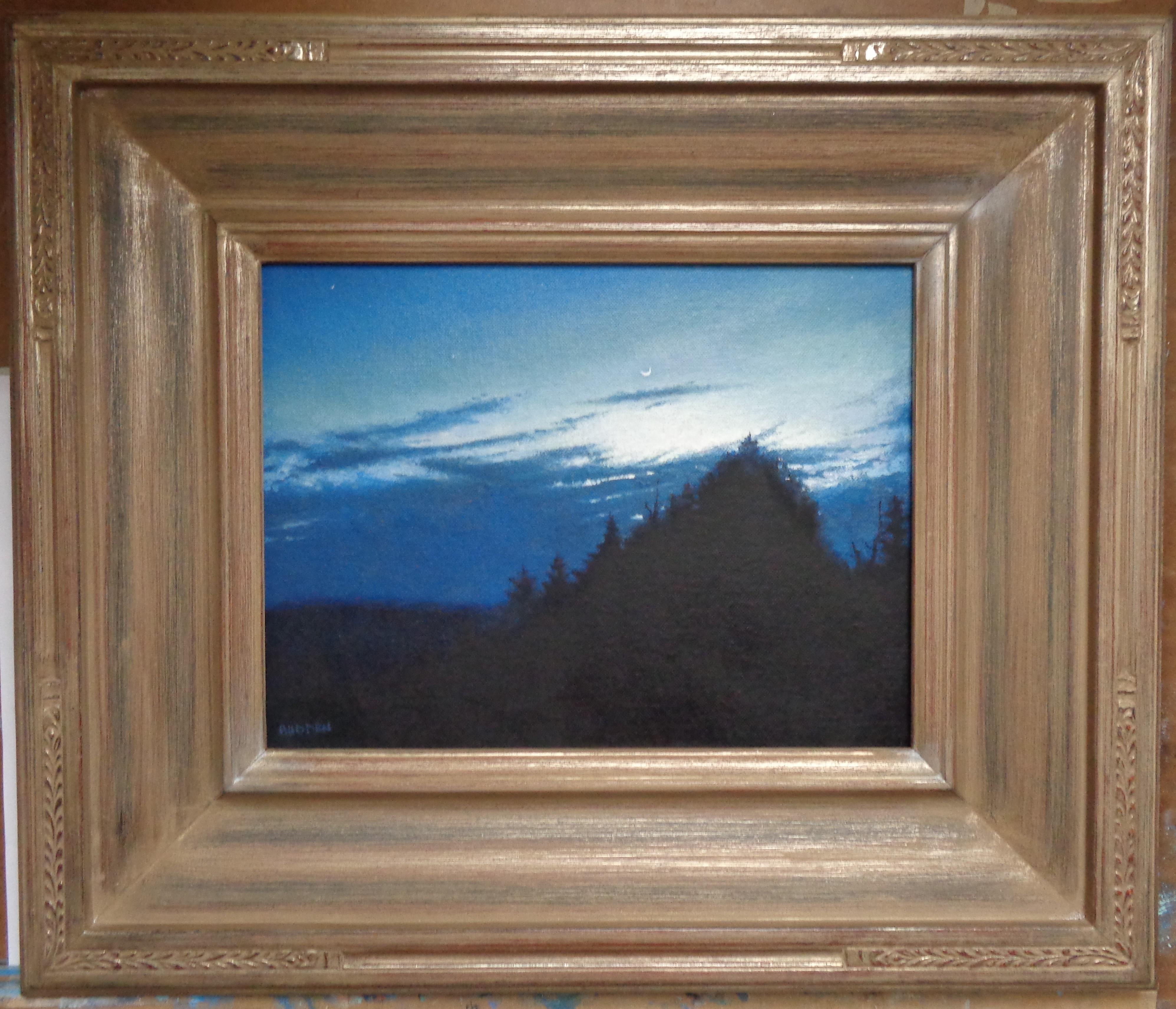 Starry Night
oil/panel
9 x 12 unframed, 17 x 20 framed
Starry Night is a beautiful impressionistic landscape oil painting that shows a moonrise thru trees with stars shinning brightly above. The painting on a canvas panel and exudes the rich
