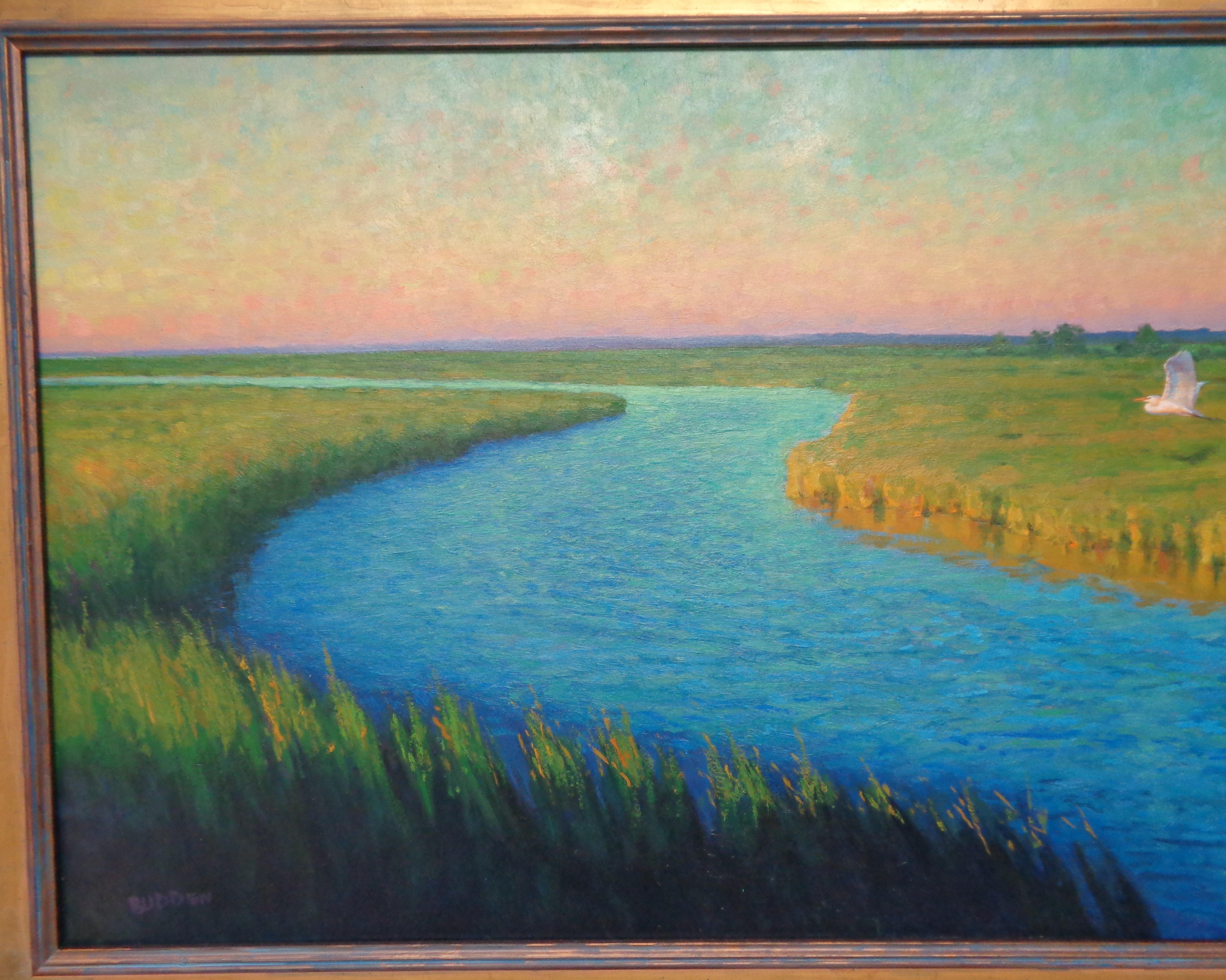 Pintura Impresionista Michael Budden Atardecer Retiro Garceta Pantano Costa en venta 2
