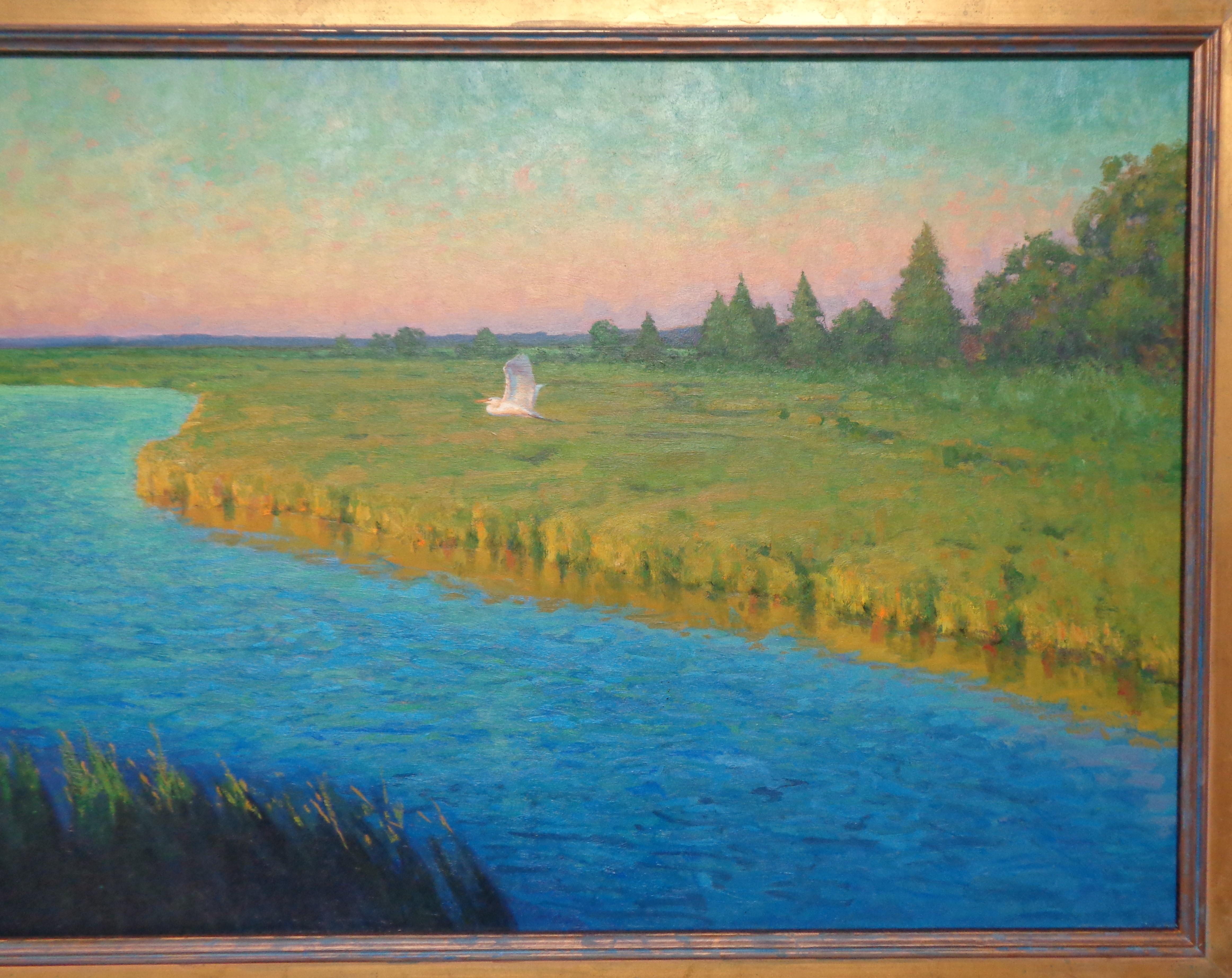 Pintura Impresionista Michael Budden Atardecer Retiro Garceta Pantano Costa en venta 3