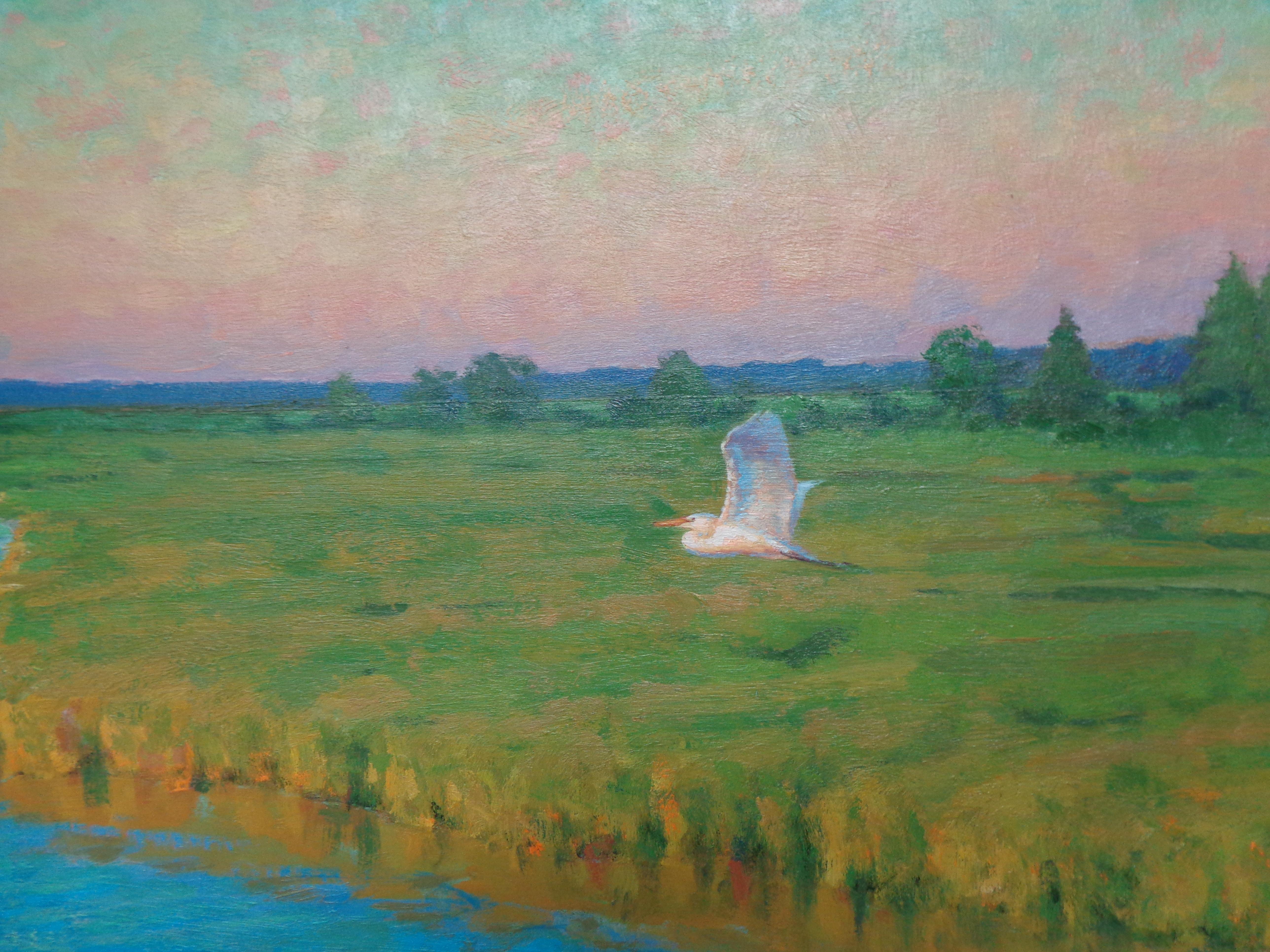 Pintura Impresionista Michael Budden Atardecer Retiro Garceta Pantano Costa en venta 4