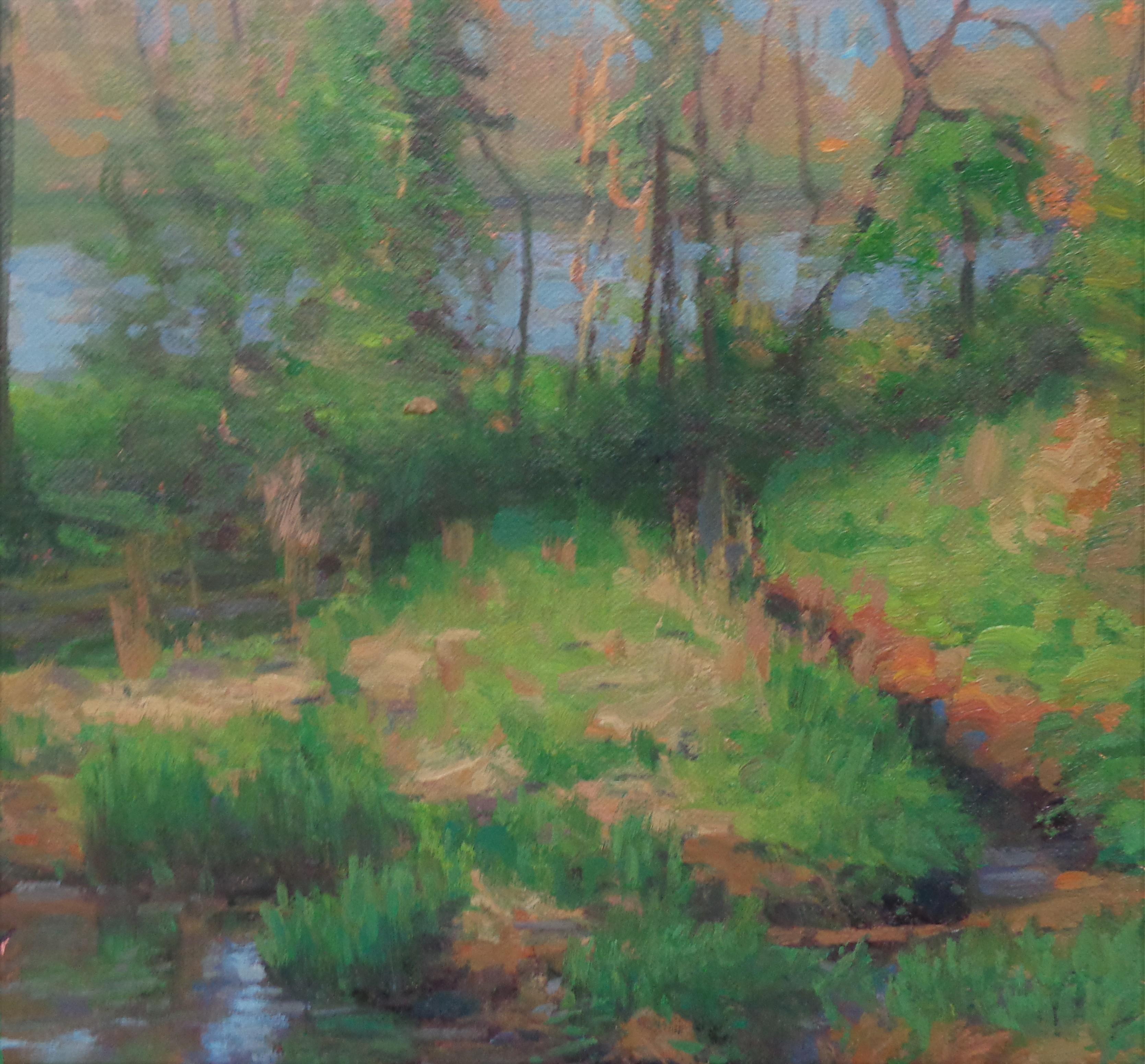 Pintura al óleo impresionista Paisaje de estanque Michael Budden Estanque de primavera en venta 1