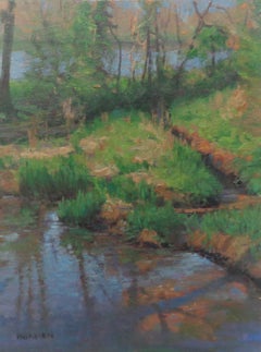 Pintura al óleo impresionista Paisaje de estanque Michael Budden Estanque de primavera