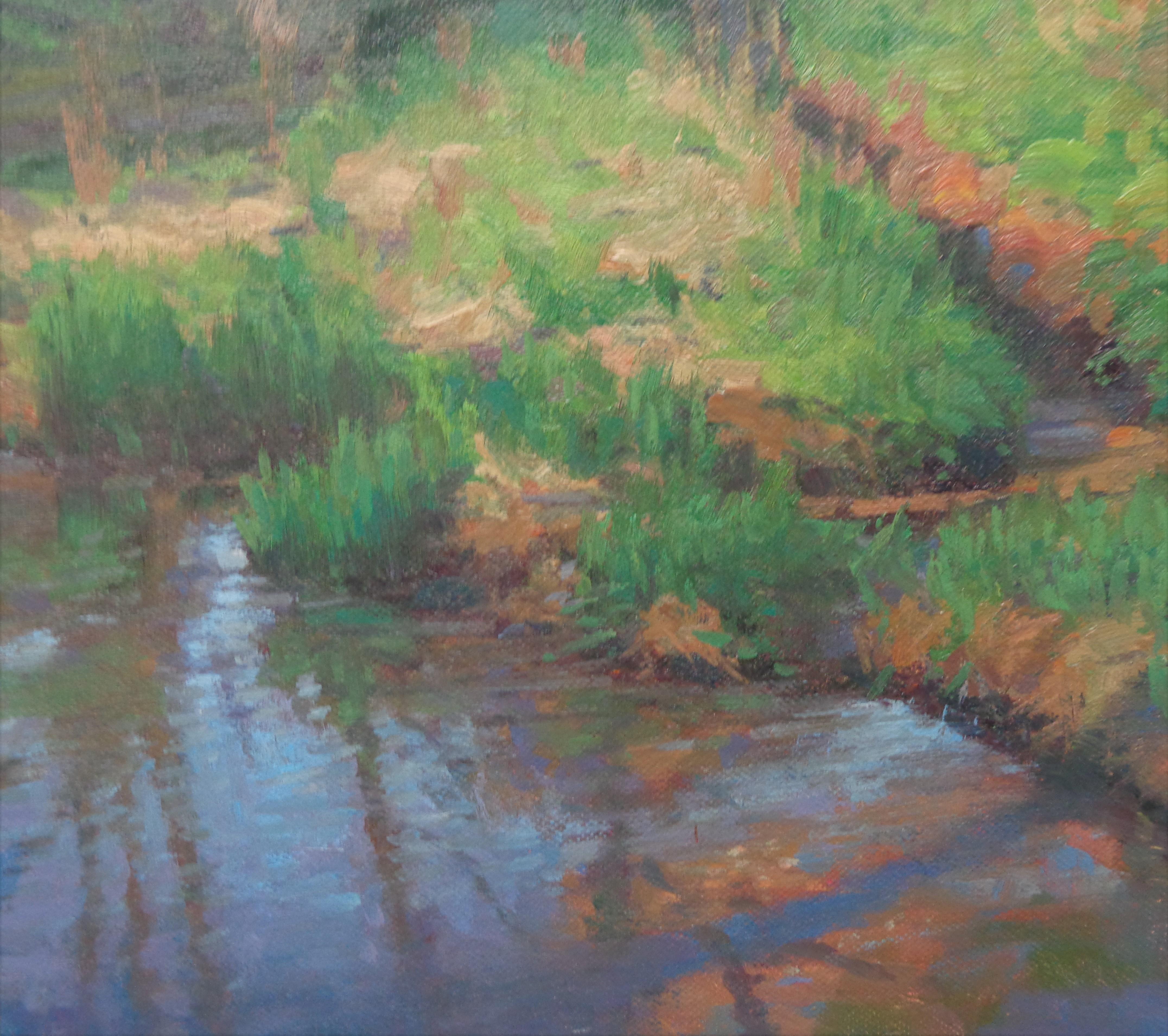Pintura al óleo impresionista Paisaje de estanque Michael Budden Estanque de primavera en venta 2