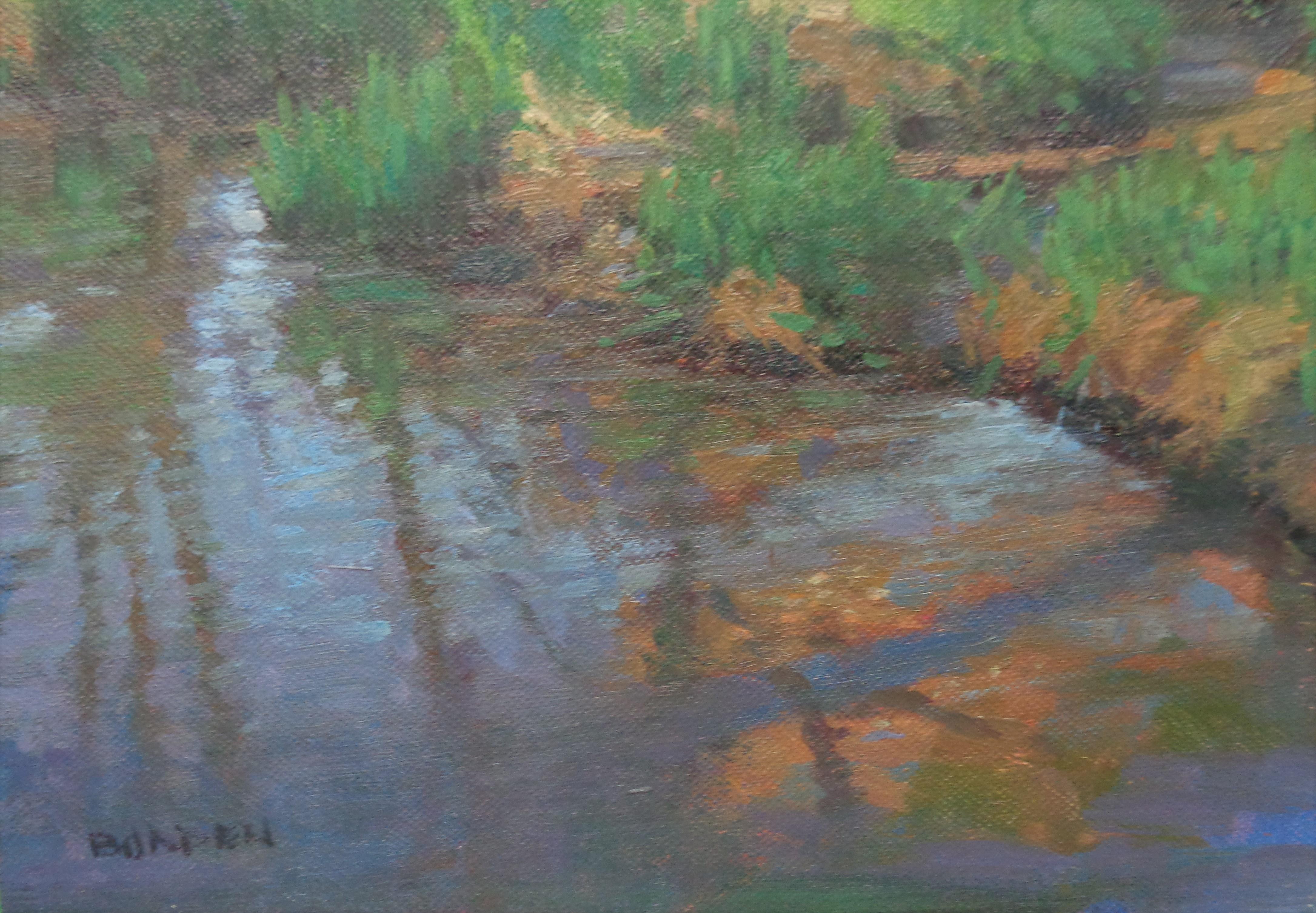  Impressionistic Pond Landscape Oil Painting Michael Budden Spring Pond For Sale 3