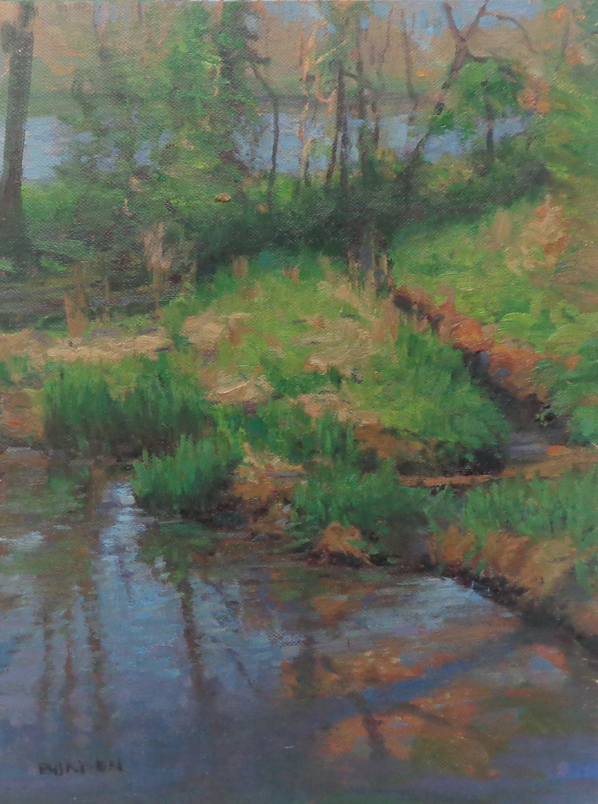 Spring Pond Study is a beautiful impressionistic plein air landscape oil painting that I did on location near my studio in 2020. The painting on a canvas panel and exudes the rich qualities of oil paint with bright strong color, a variety of lost