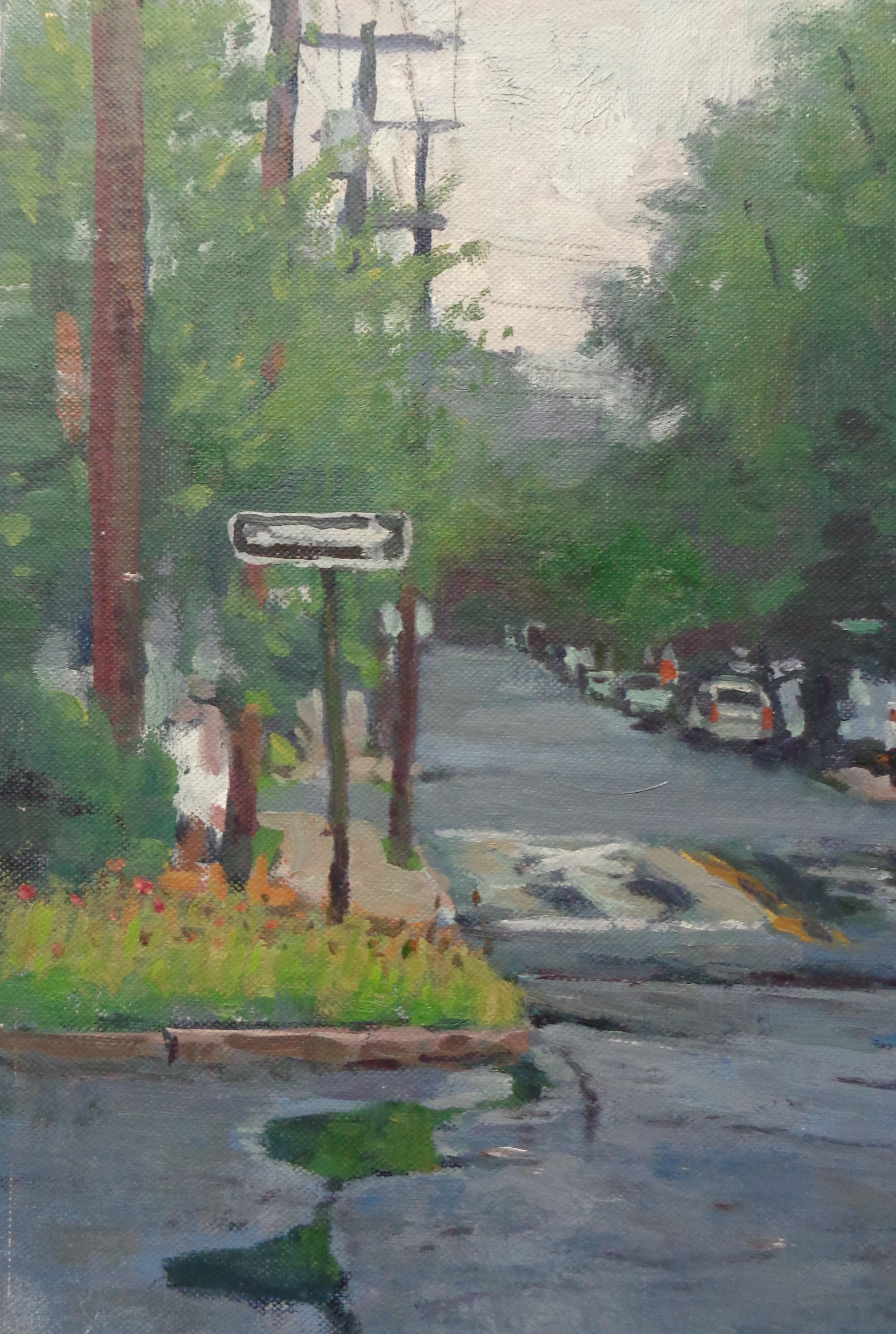 Pintura impresionista de un día lluvioso Michael Budden Escena de ciudad en venta 1