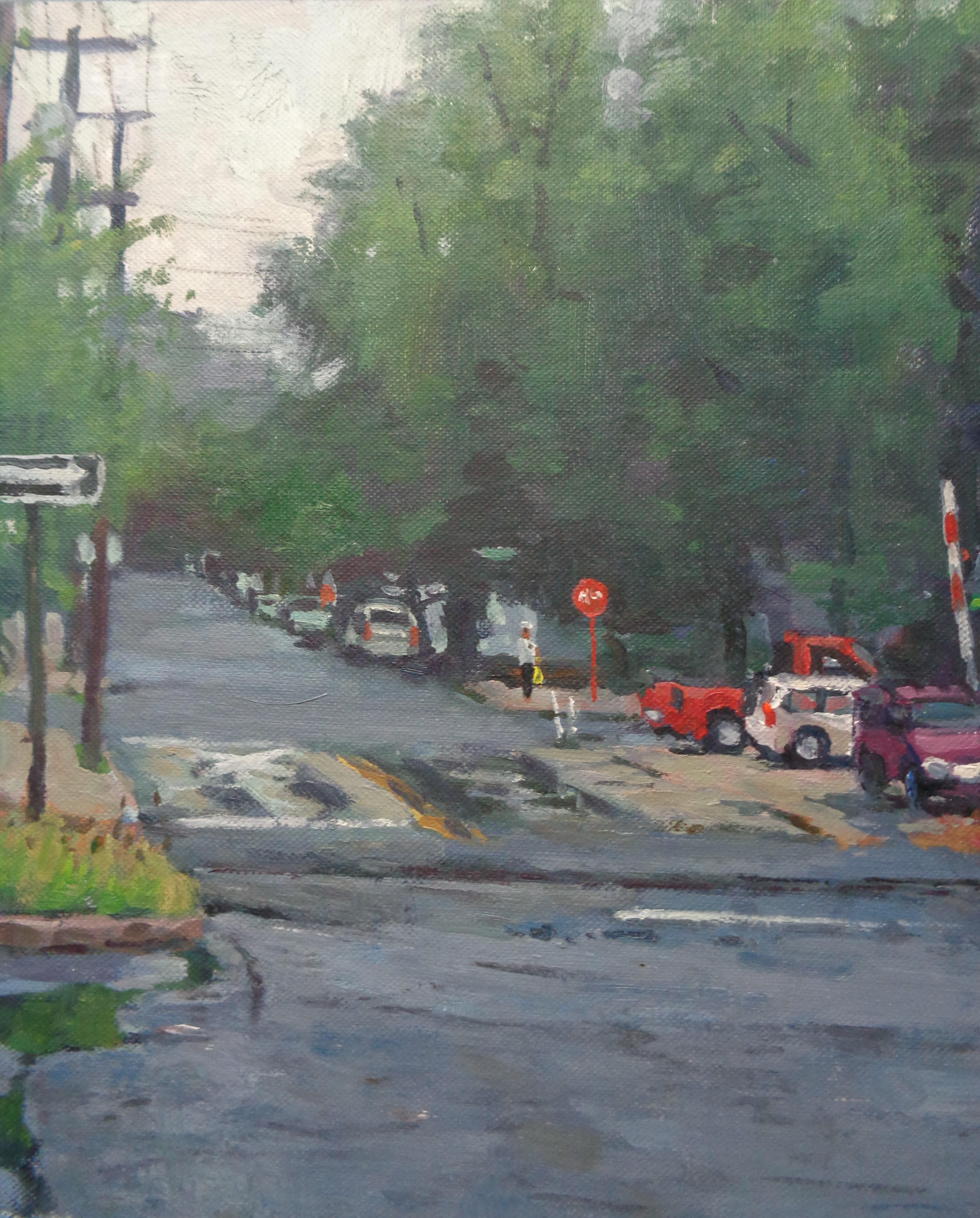 Pintura impresionista de un día lluvioso Michael Budden Escena de ciudad en venta 2