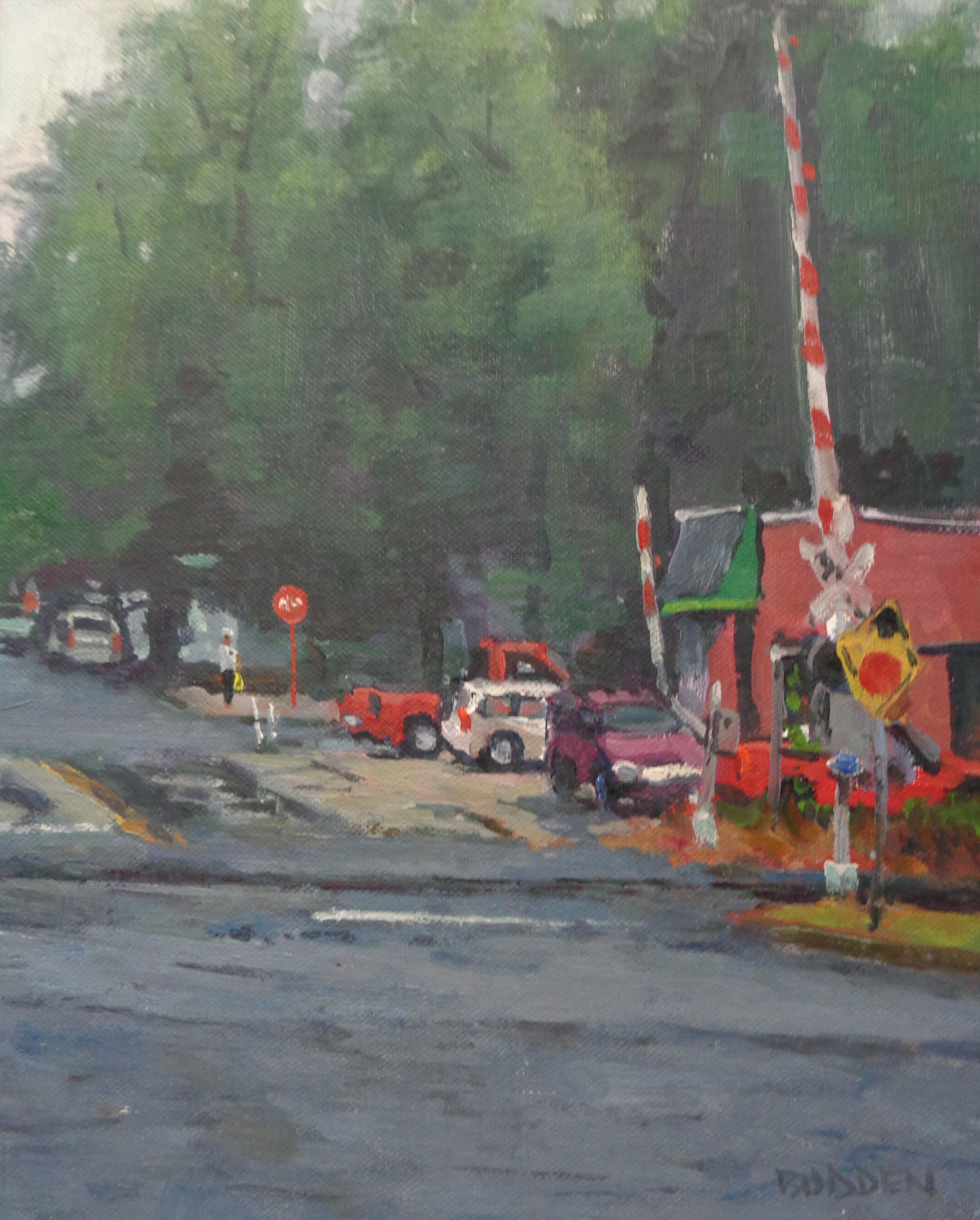 Pintura impresionista de un día lluvioso Michael Budden Escena de ciudad en venta 3