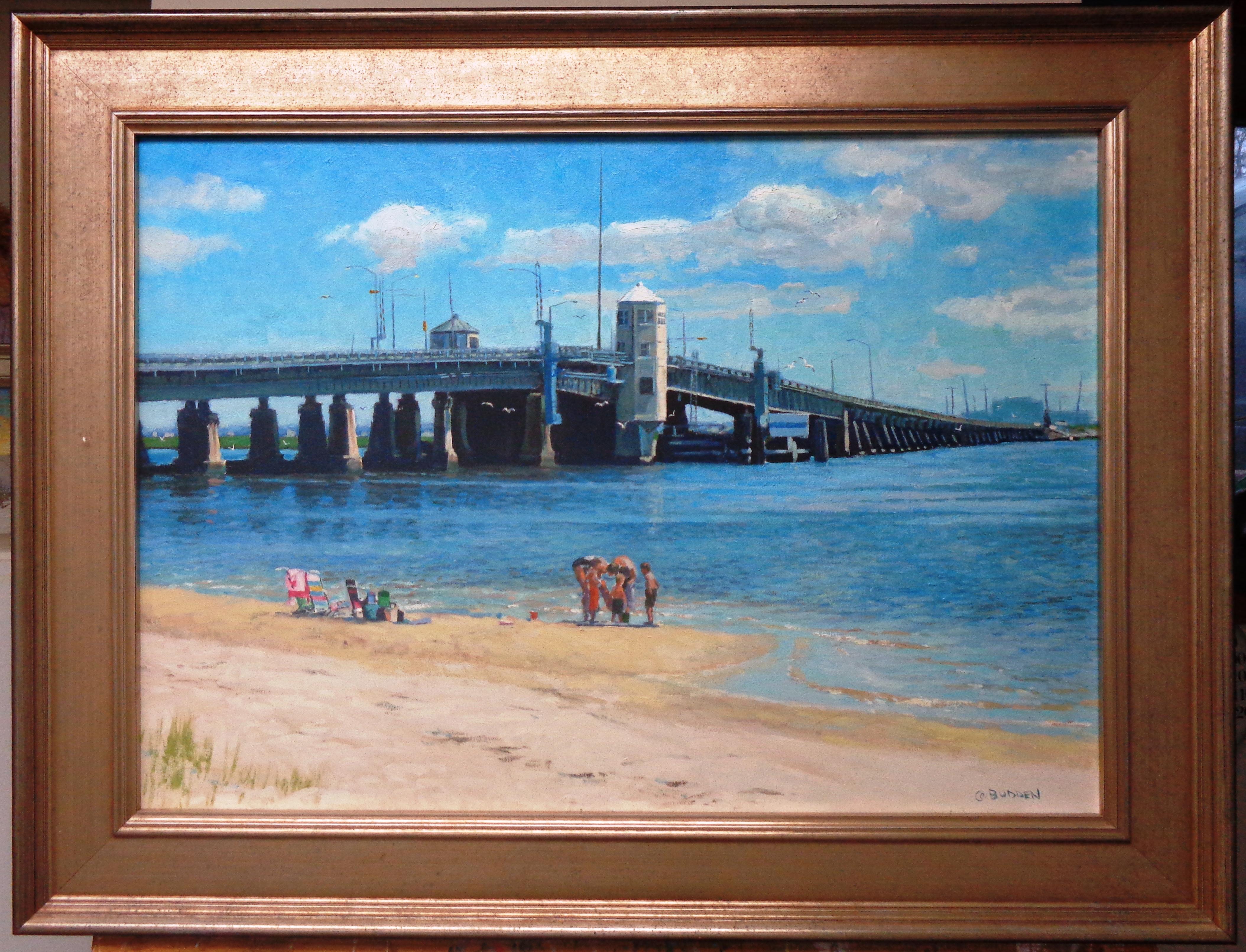 Original Summers Point Bridge to Ocean City, NJ
oil/canvas
20 x 28 image size 26 x 34 framed (frame shows some age with marks, etc)
An oil painting on canvas by award winning contemporary artist Michael Budden that showcases a unique composition of 