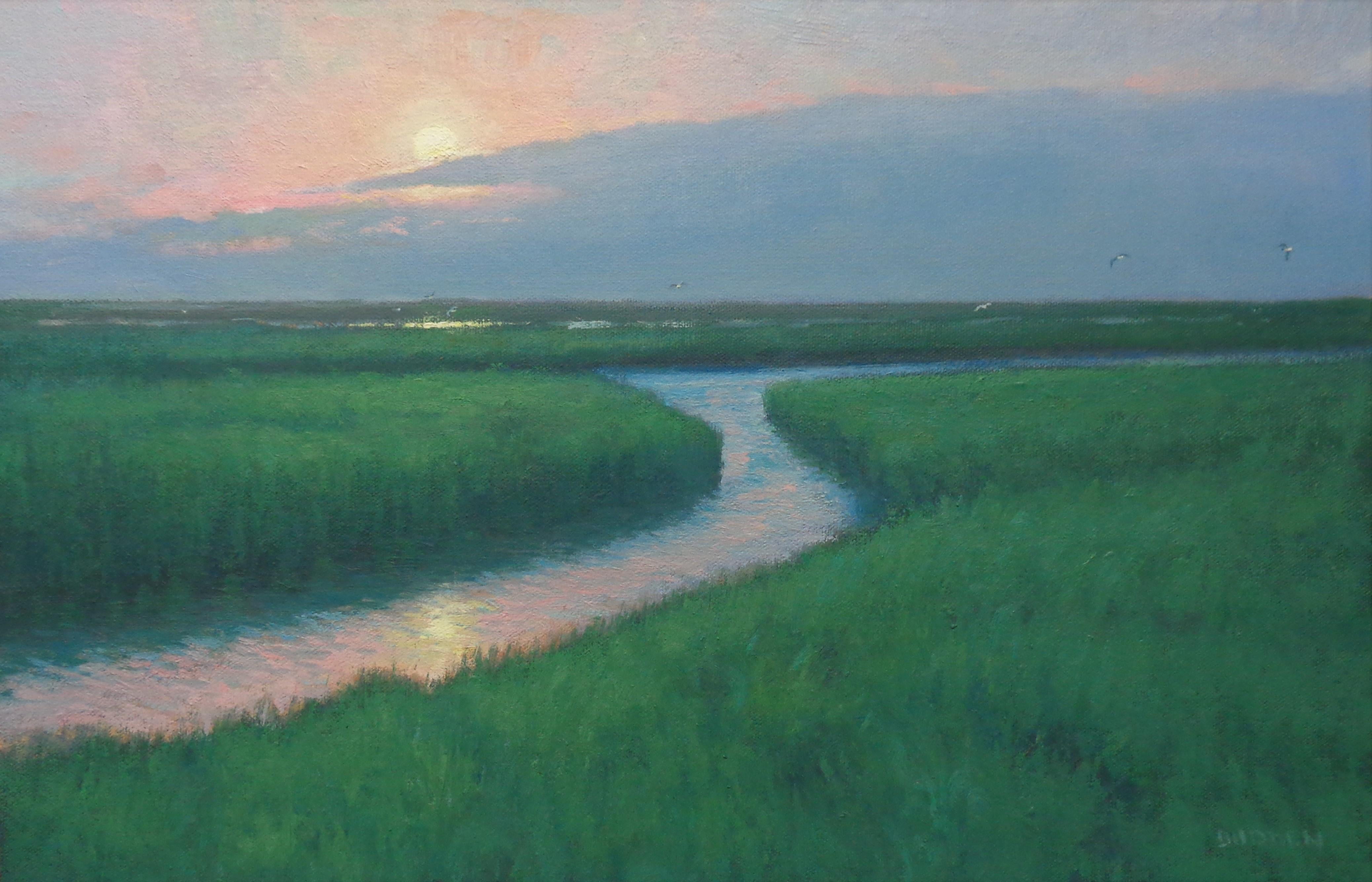 Pittura impressionista realistica Ocean Seascape Michael Budden Moonlight Marsh in vendita 1