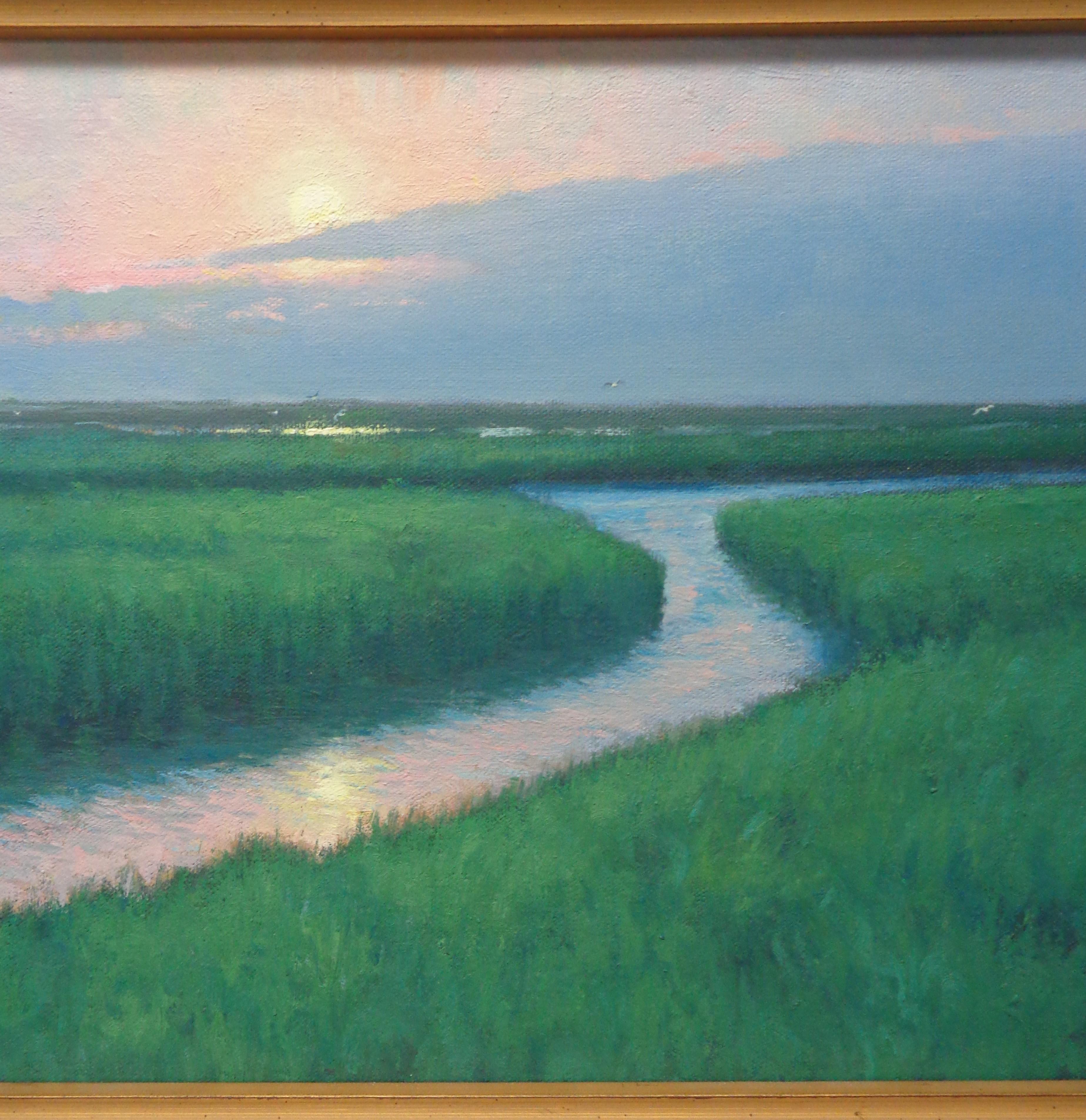 Pittura impressionista realistica Ocean Seascape Michael Budden Moonlight Marsh in vendita 3