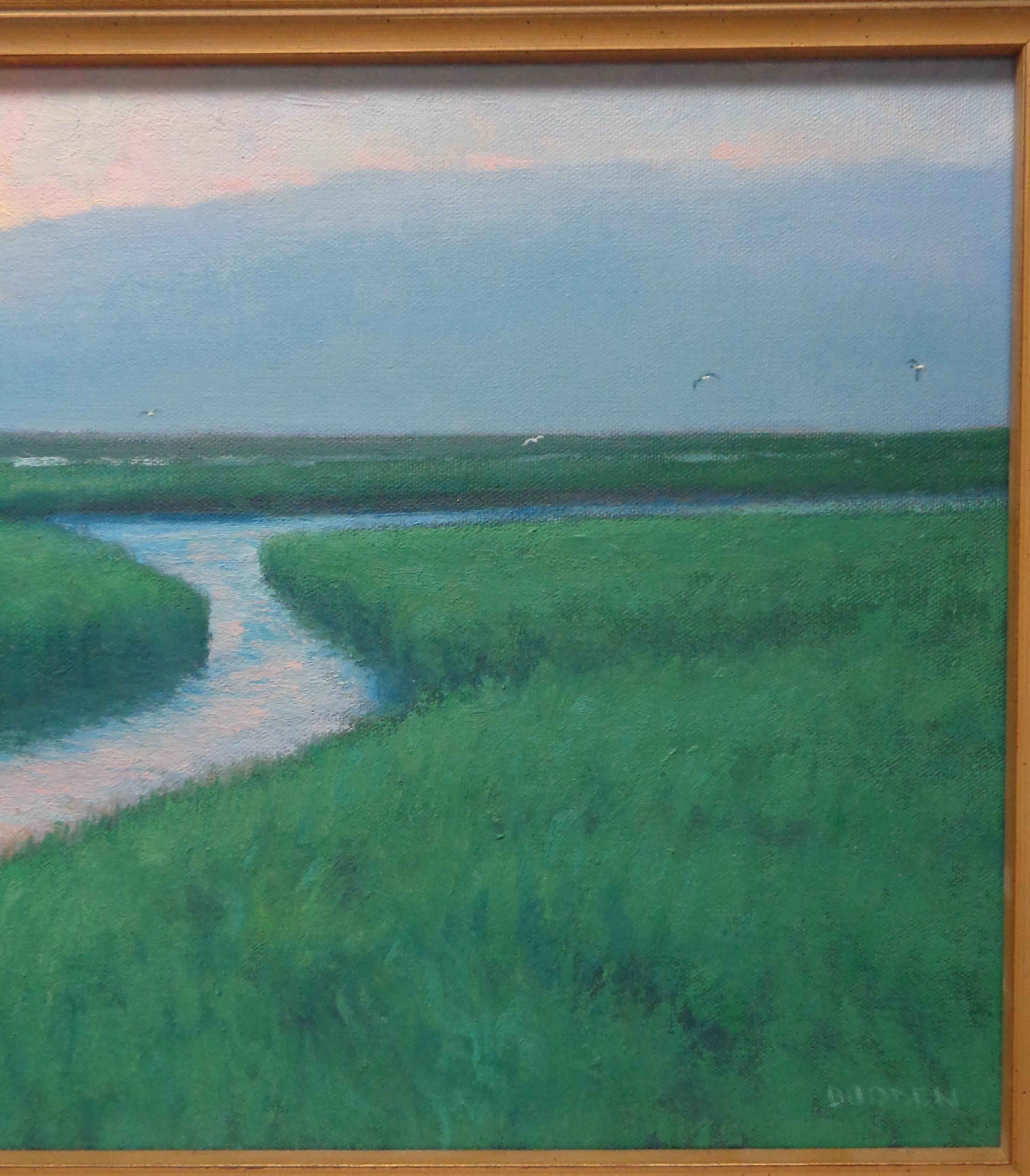 Impressionistic Realism Ocean Seascape Painting Michael Budden Moonlight Marsh For Sale 4