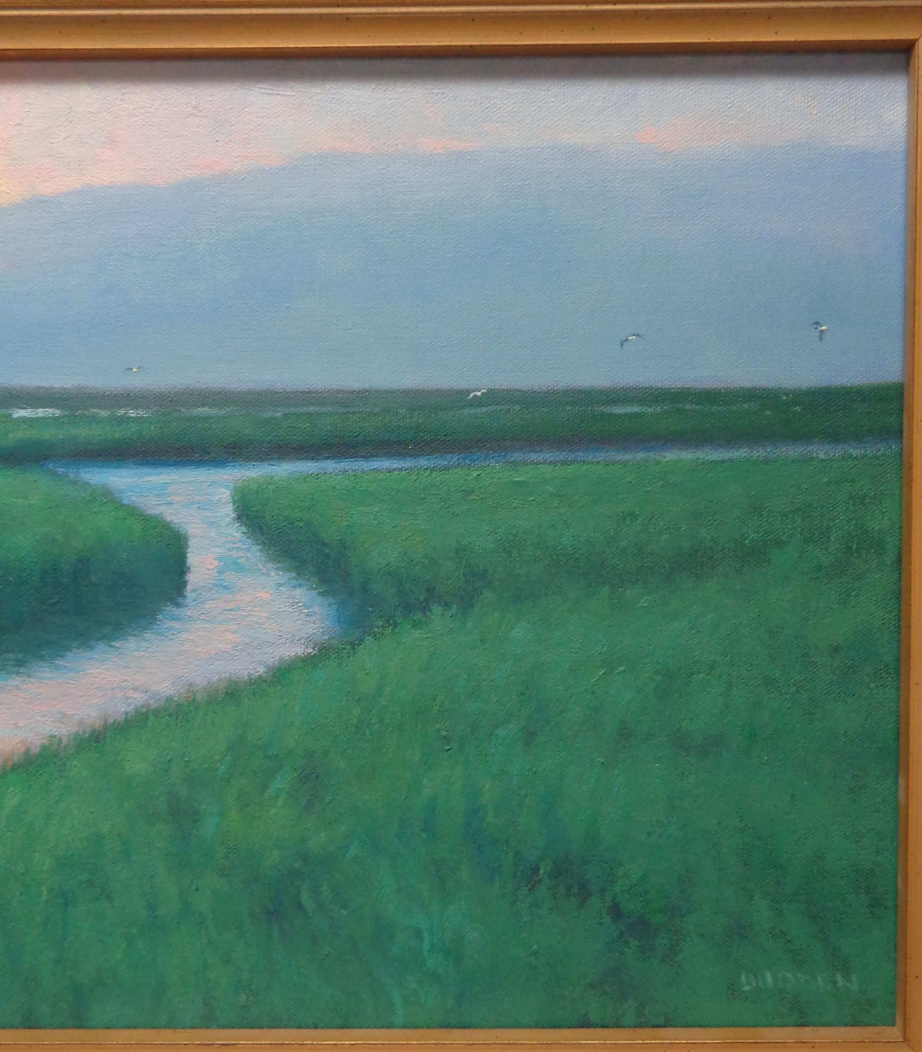 Pittura impressionista realistica Ocean Seascape Michael Budden Moonlight Marsh in vendita 4