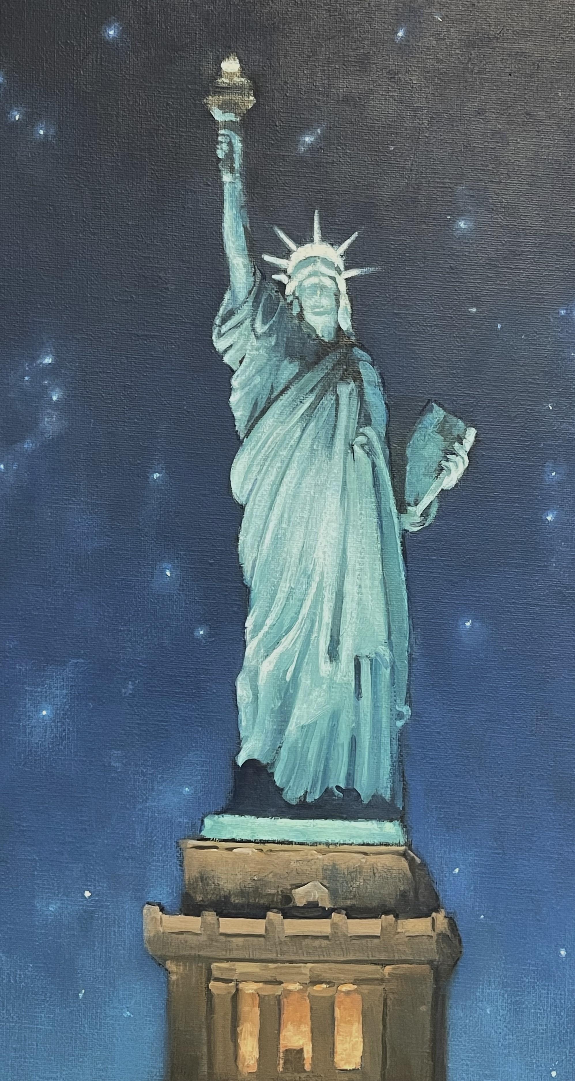 Pintura Impresionista Realista Michael Budden Estatua de la Libertad Nocturno en venta 1