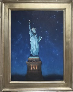 Impressionistisches Realismus-Gemälde Michael Budden, Statue der Freiheitsnocturne, Gemälde