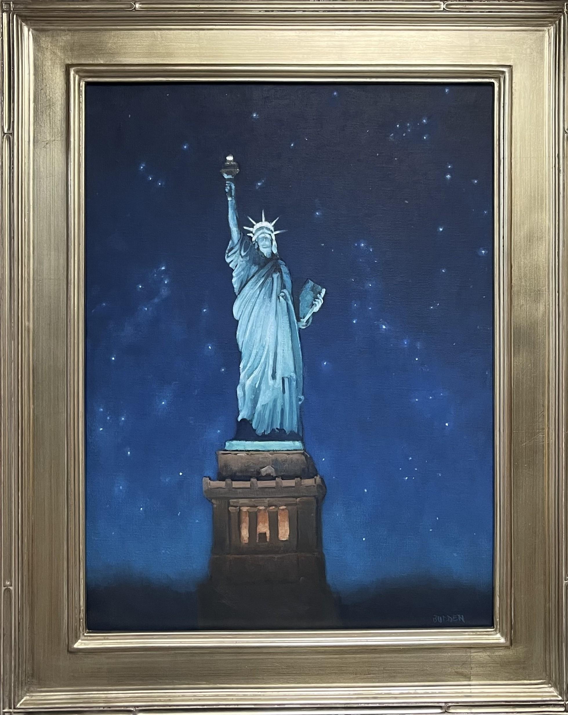 Noche de las Estrellas, Estatua de la Libertad
óleo/lienzo 24 x 18 imagen
Noche de estrellas es una pintura al óleo sobre lienzo del galardonado artista contemporáneo Michael Budden que muestra un hermoso y claro nocturno lleno de estrellas y, por