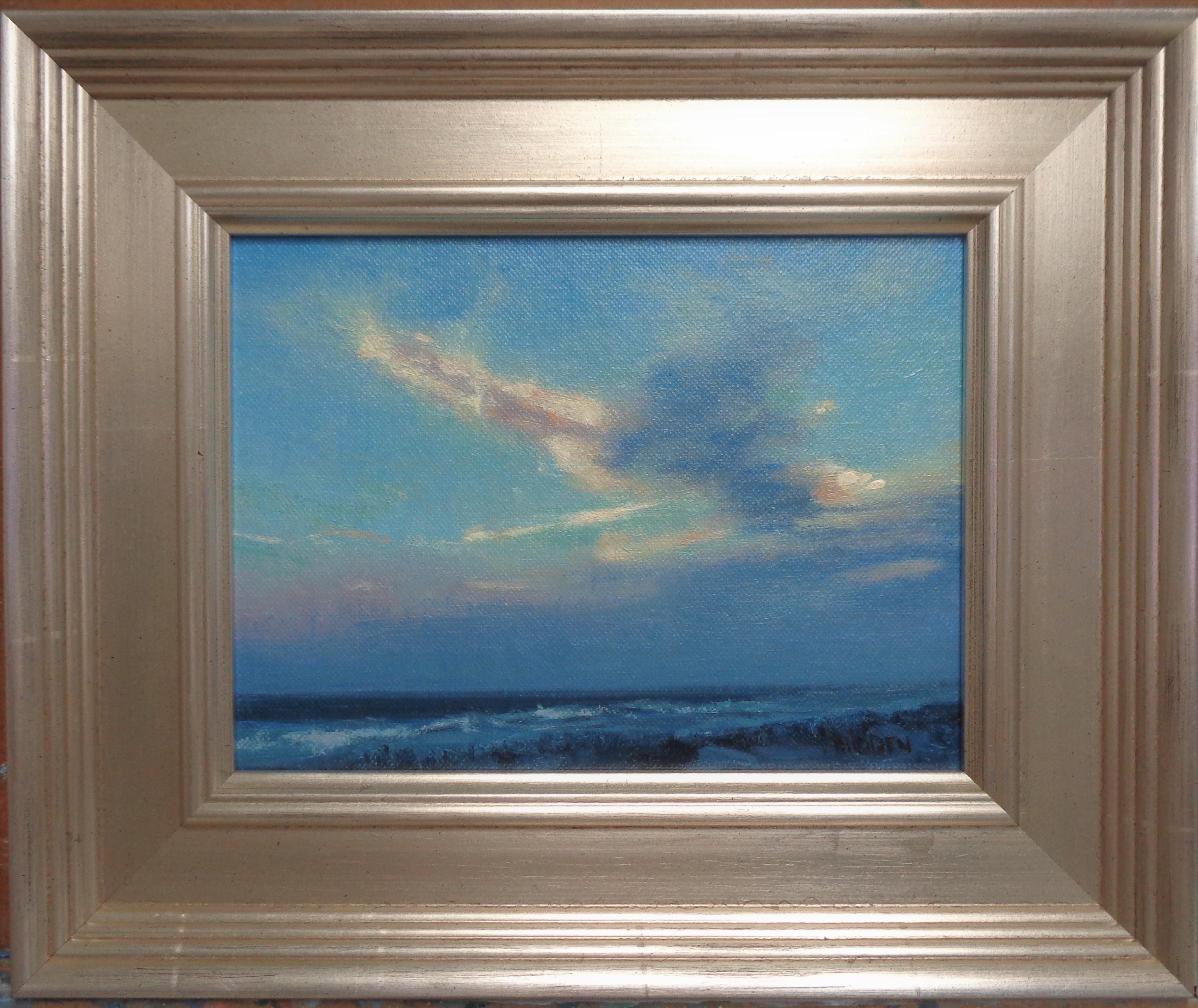 An oil painting on panel by award winning contemporary artist Michael Budden that showcases a seascape with clearing skies after a rainy day created in an impressionistic realism style.  This is the study painting for the larger version listed here