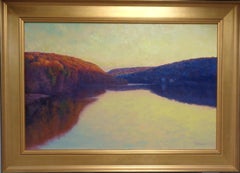 Quadro impressionistico di paesaggio fluviale Michael Budden Passaggio serale BucksCo