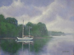 Peinture impressionniste de paysage fluvial Michael Budden Brume matinale Bateau à voile