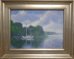 Peinture impressionniste de paysage fluvial Michael Budden Brume matinale Bateau à voile