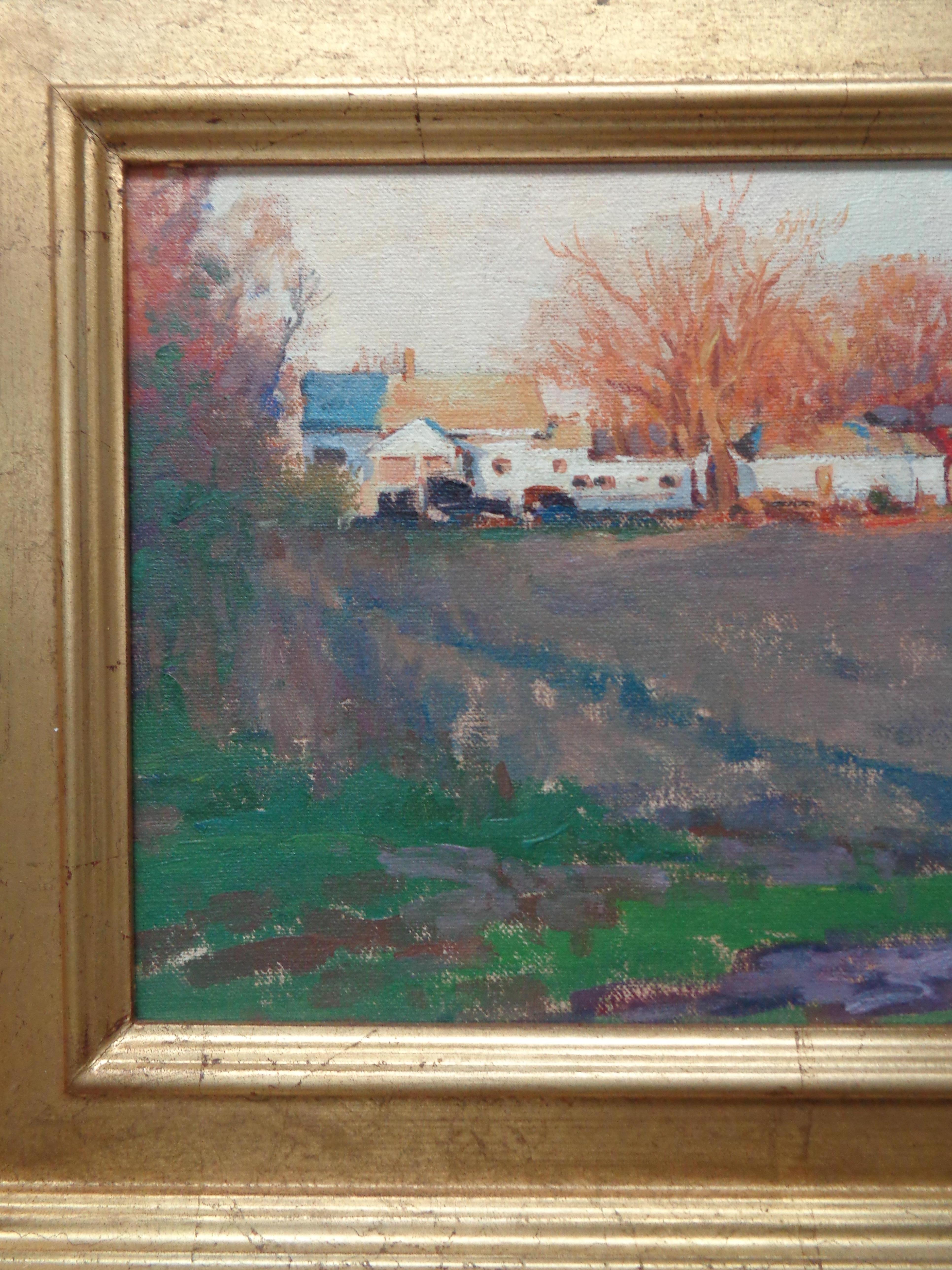 Pittura ad olio impressionistica di paesaggio rurale agricolo Michael Budden Shadow & Light in vendita 2