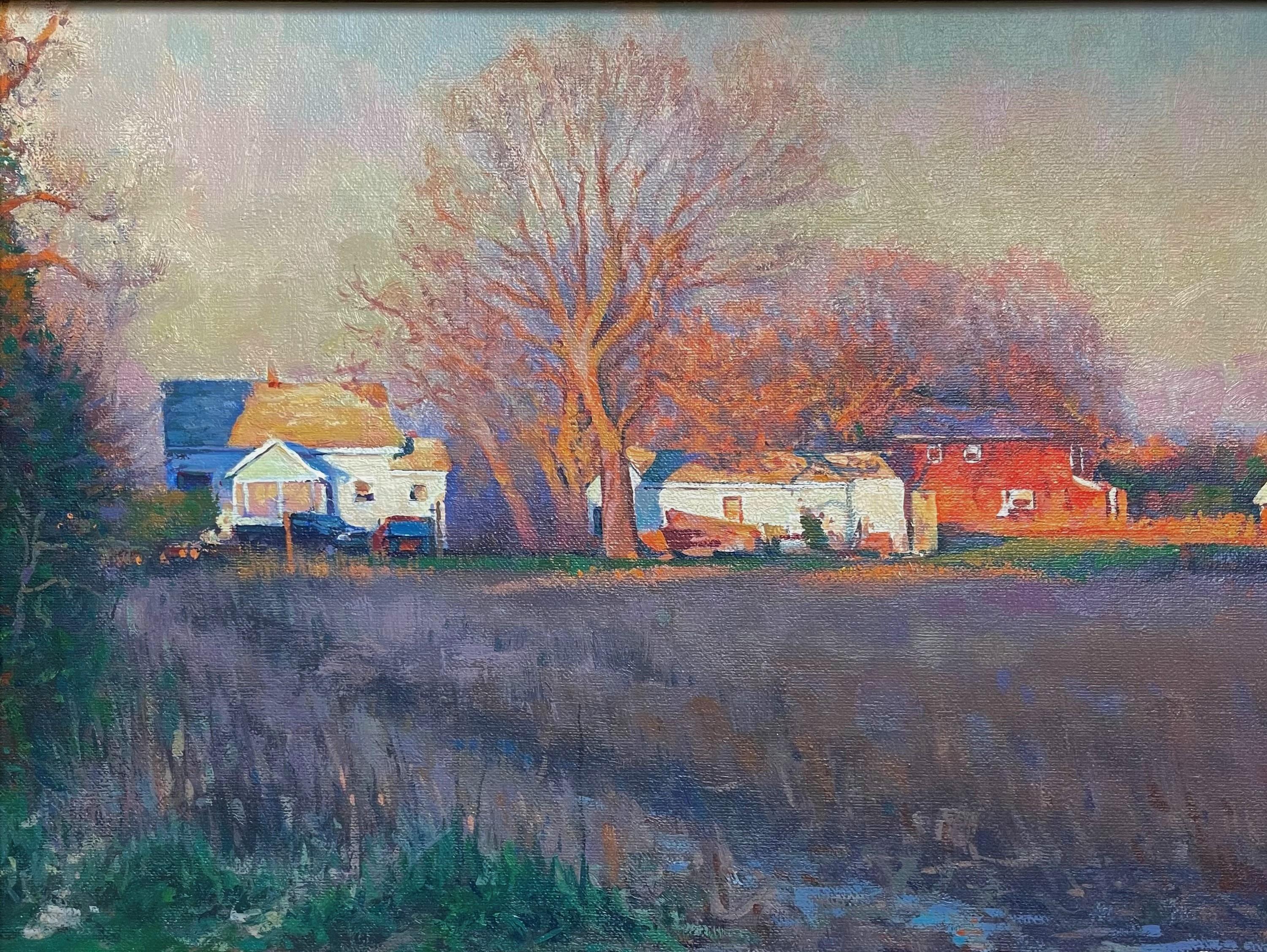 Peinture à l'huile impressionniste de Michael Budden - Paysage rural - Ombres et lumières en vente 4