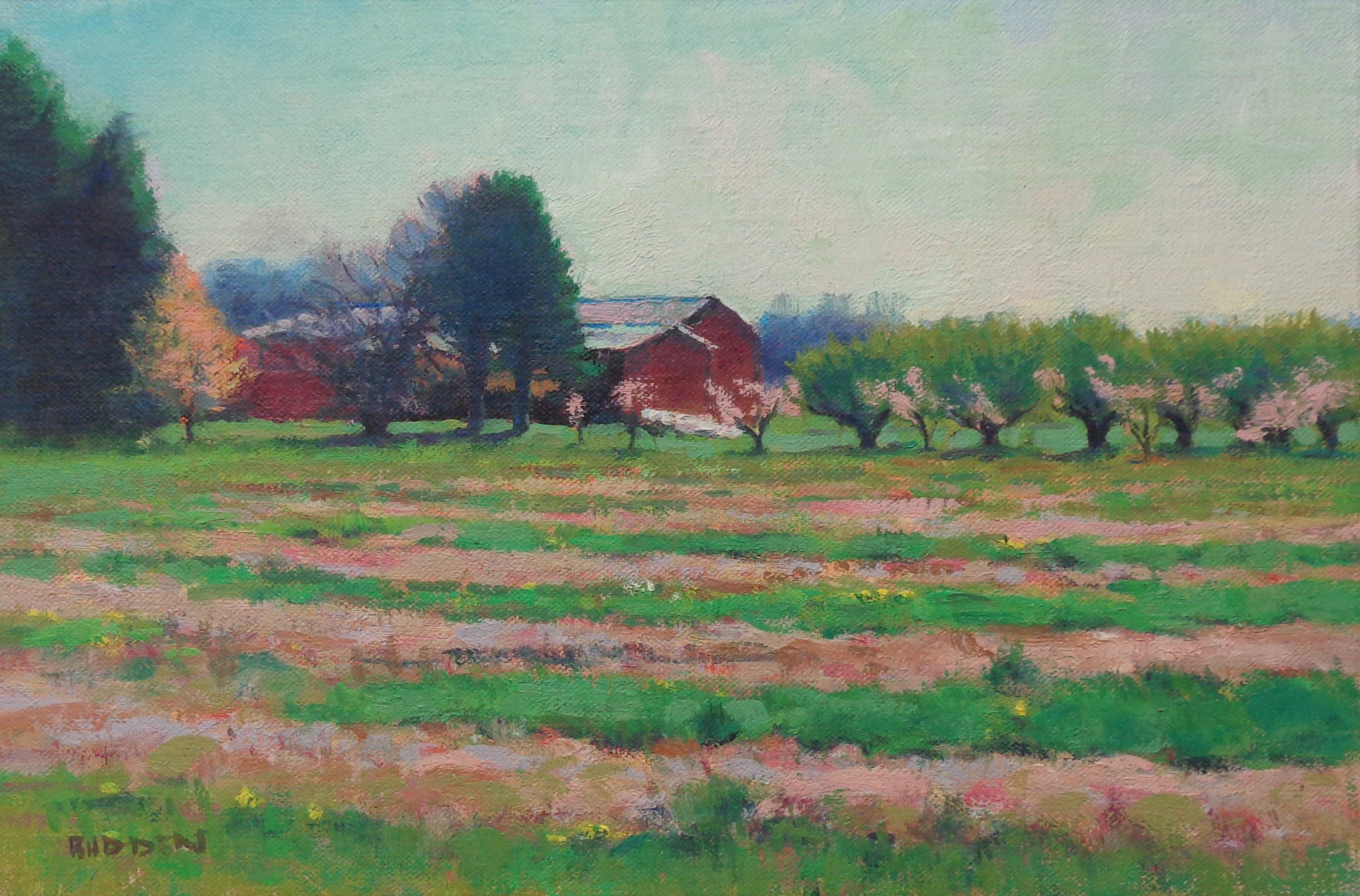 Pittura ad olio impressionista di paesaggio rurale agricolo Michael Budden Spring Sparkle in vendita 1