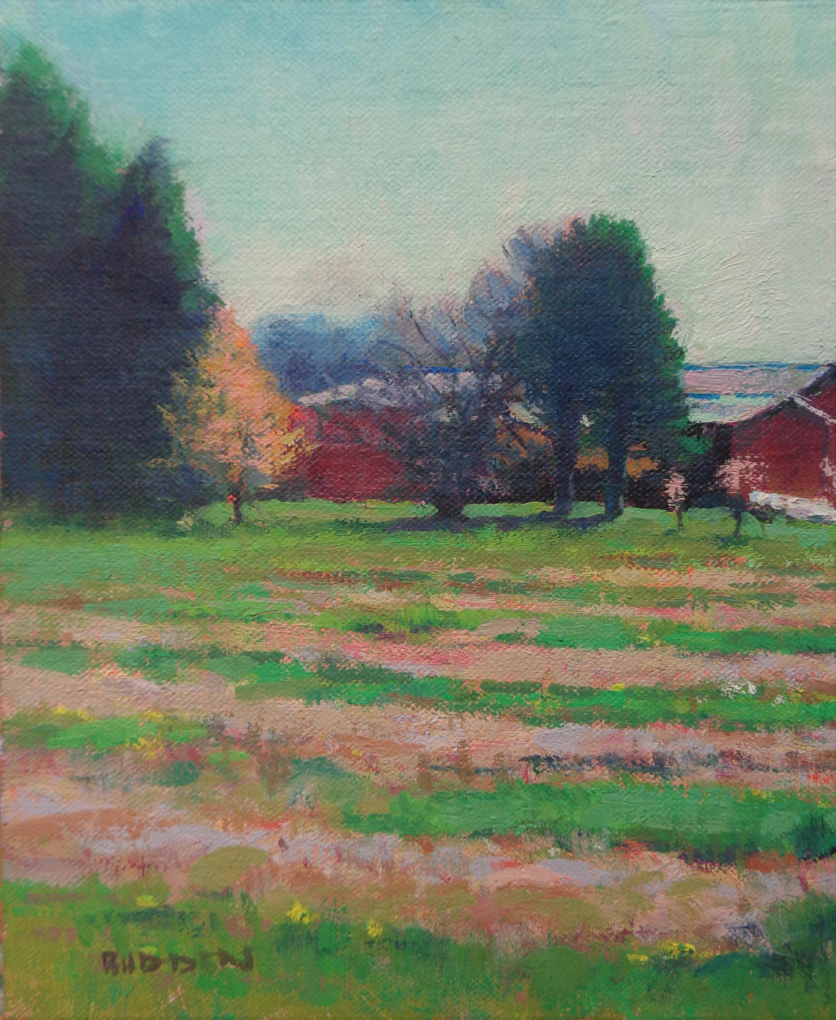 Pittura ad olio impressionista di paesaggio rurale agricolo Michael Budden Spring Sparkle in vendita 2