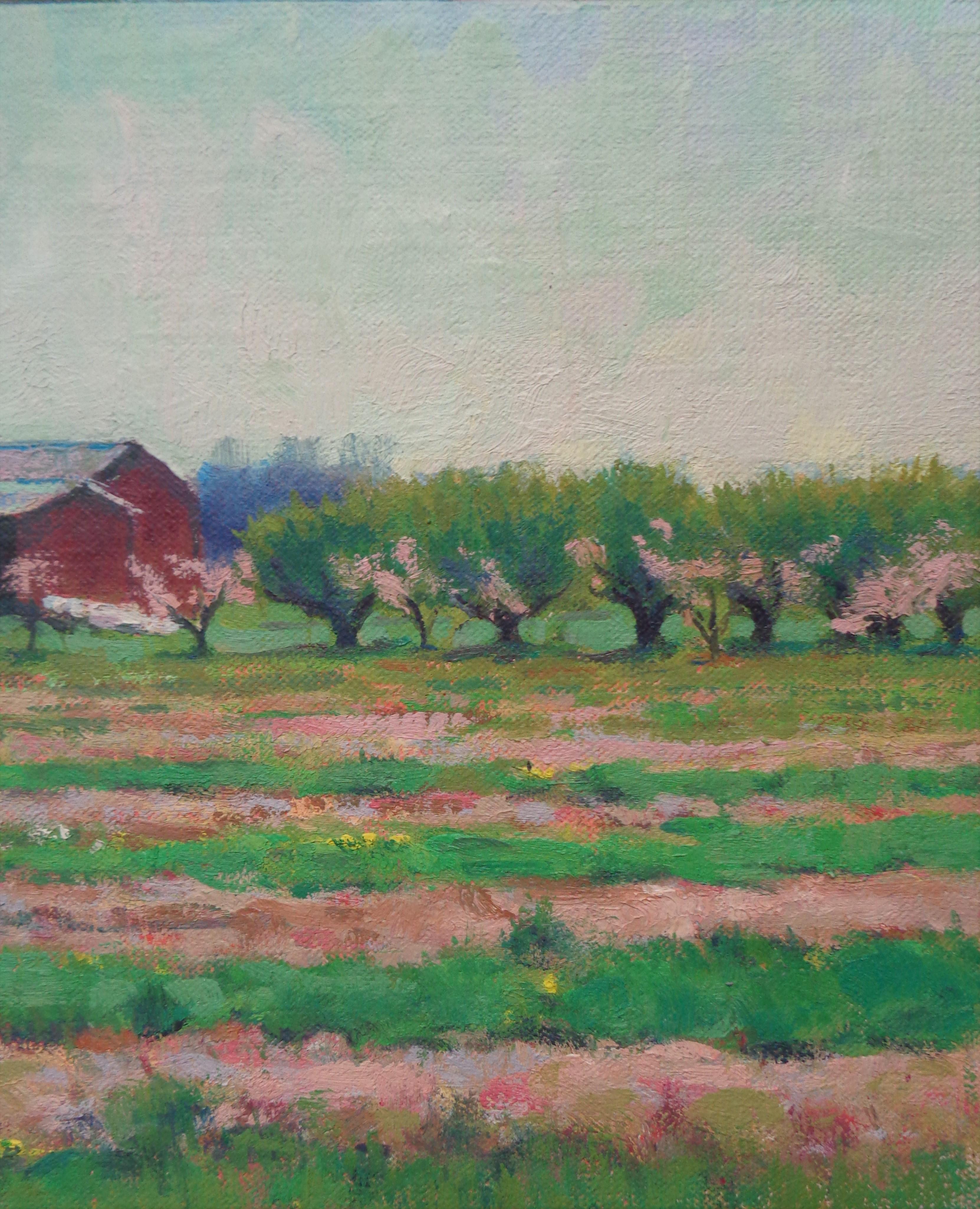  Impressionistic Rural Farm Landscape Oil Painting Michael Budden Spring Sparkle For Sale 4