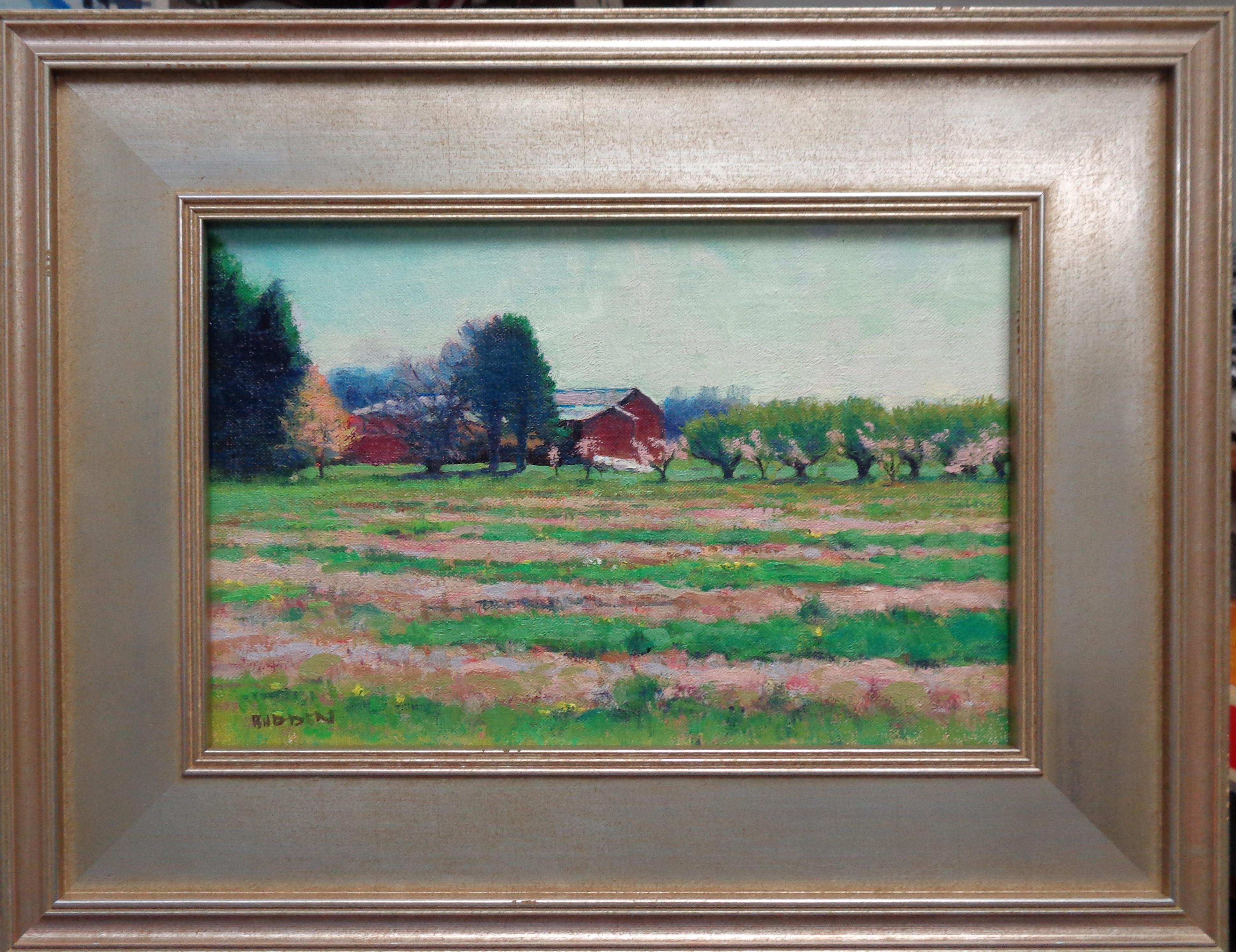 Fattoria Spring Sparkle 
olio/pannello 8x12 non incorniciato, 13,38 x 17,38 incorniciato, è un bellissimo paesaggio impressionistico dipinto a olio che ho realizzato in un luogo vicino al mio studio nel 2016. Il dipinto, realizzato su un pannello di