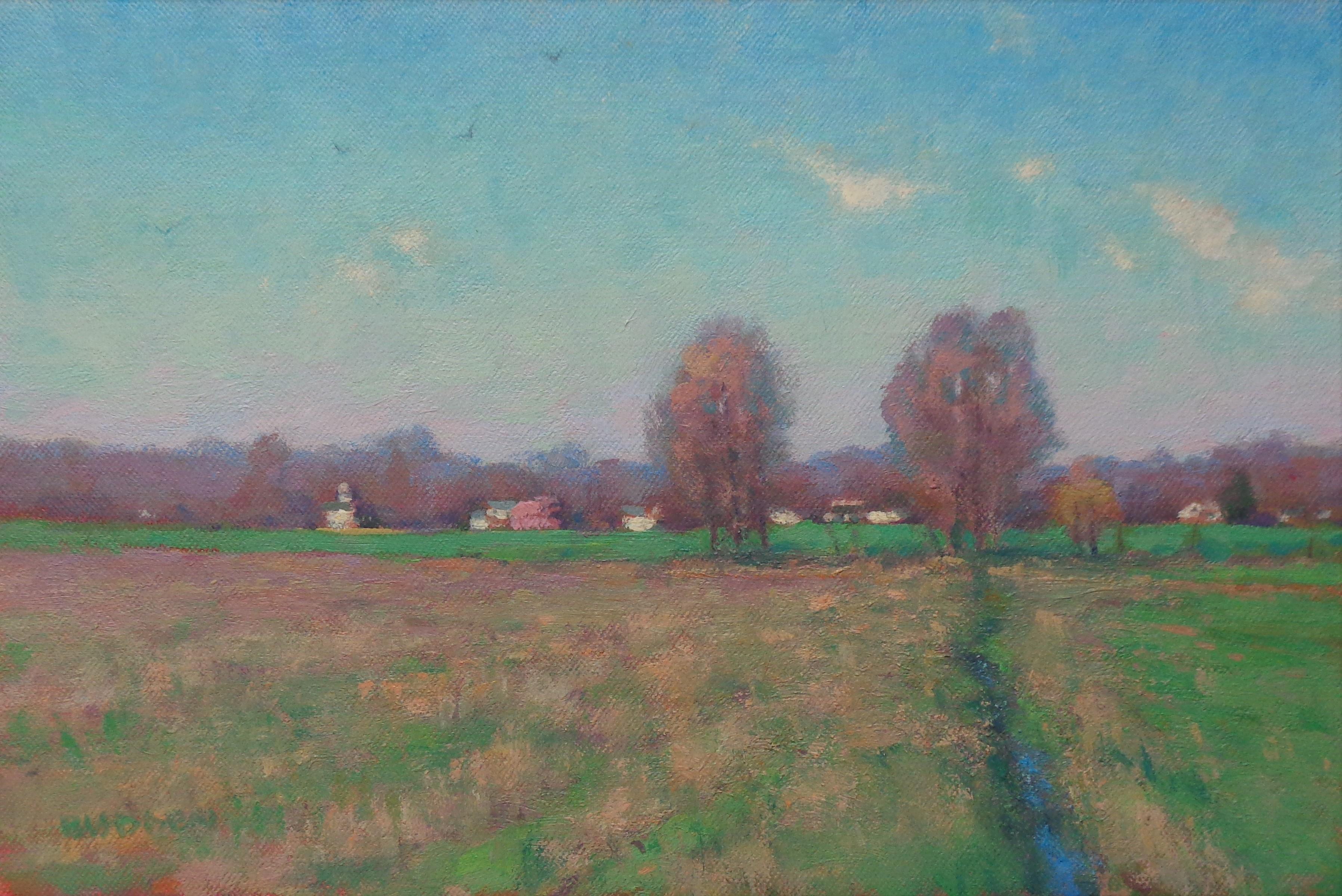 April is a beautiful impressionistic landscape oil painting that I did on location near my studio and finished it up in studio in 2020. The painting is on a canvas panel and exudes the rich qualities of oil paint with bright strong color, a variety